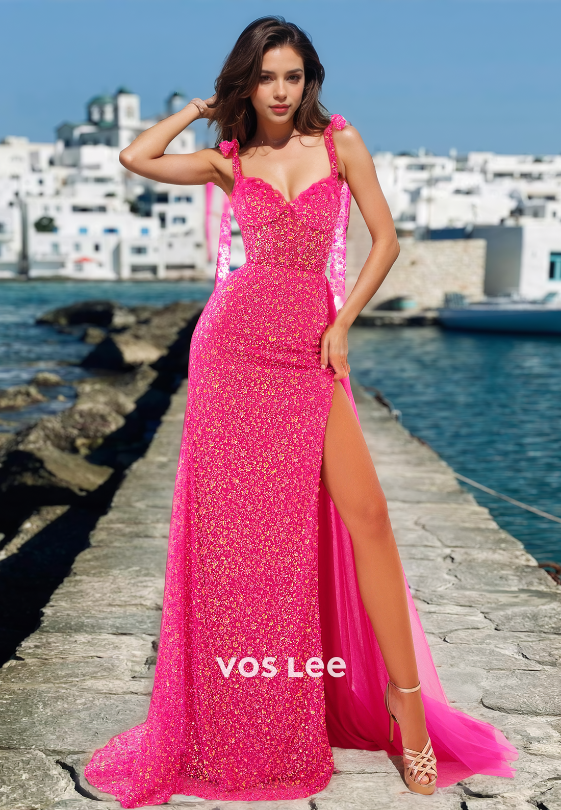 Gorgeous Column V Neck Back Zipper Sweep Train Sequins Tulle Prom Pageant Dress with Split