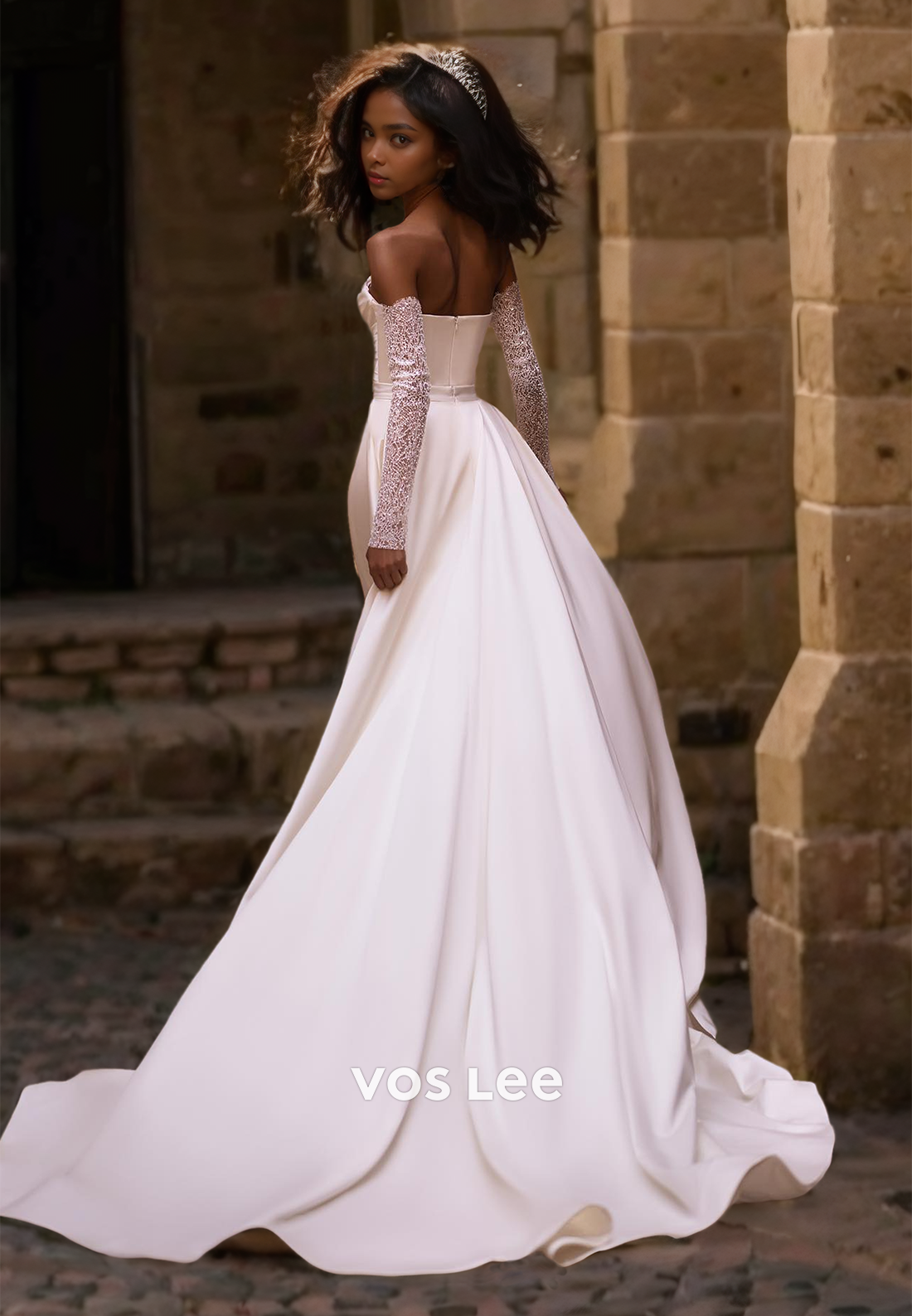Sexy Mermaid Long Sleeves Sequins Sweetheart Ruched Court Train Wedding Dress