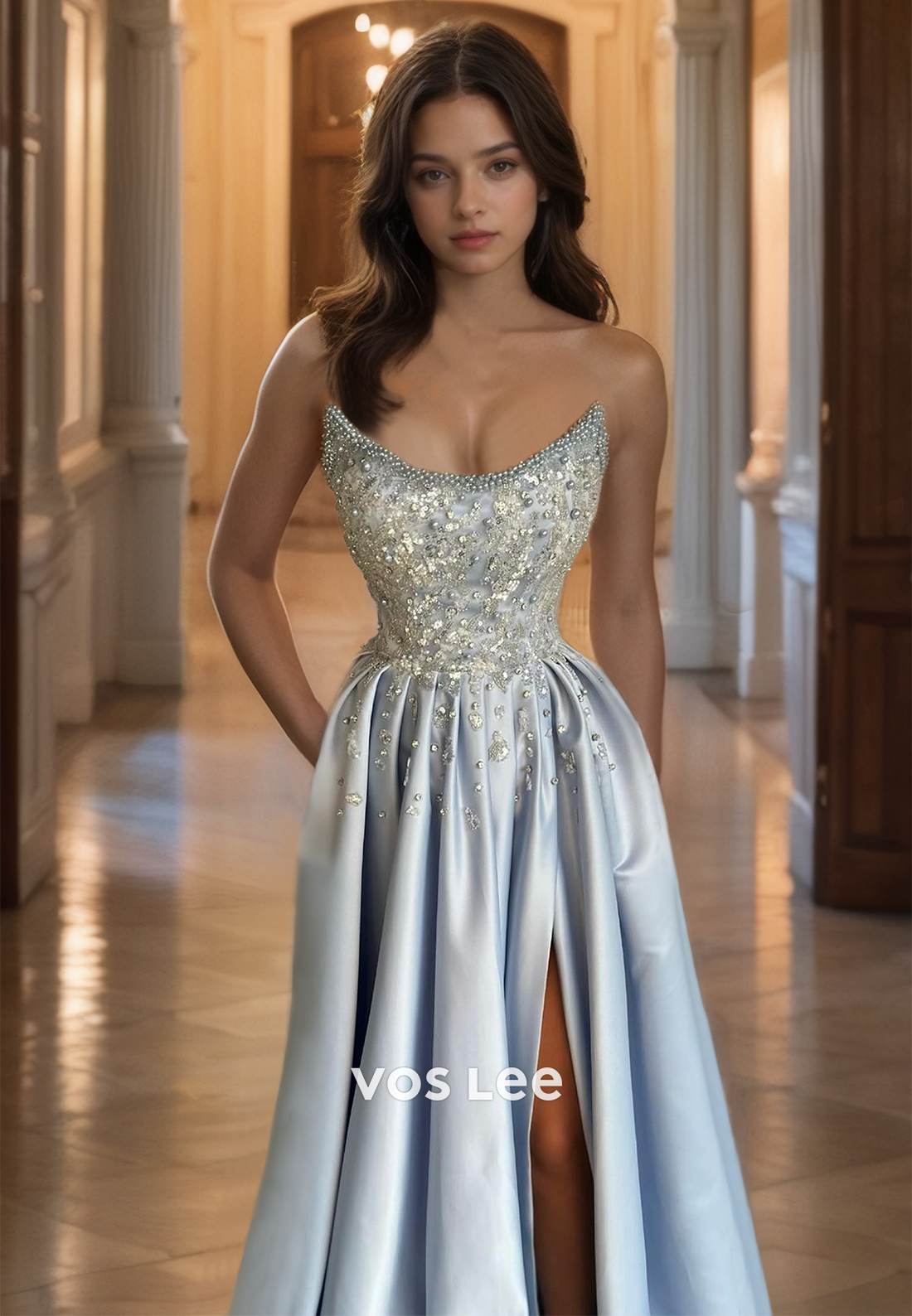 Graceful A-Line Light Blue Quinceanera Dress Ruched Satin Beads Scoop Prom Gown