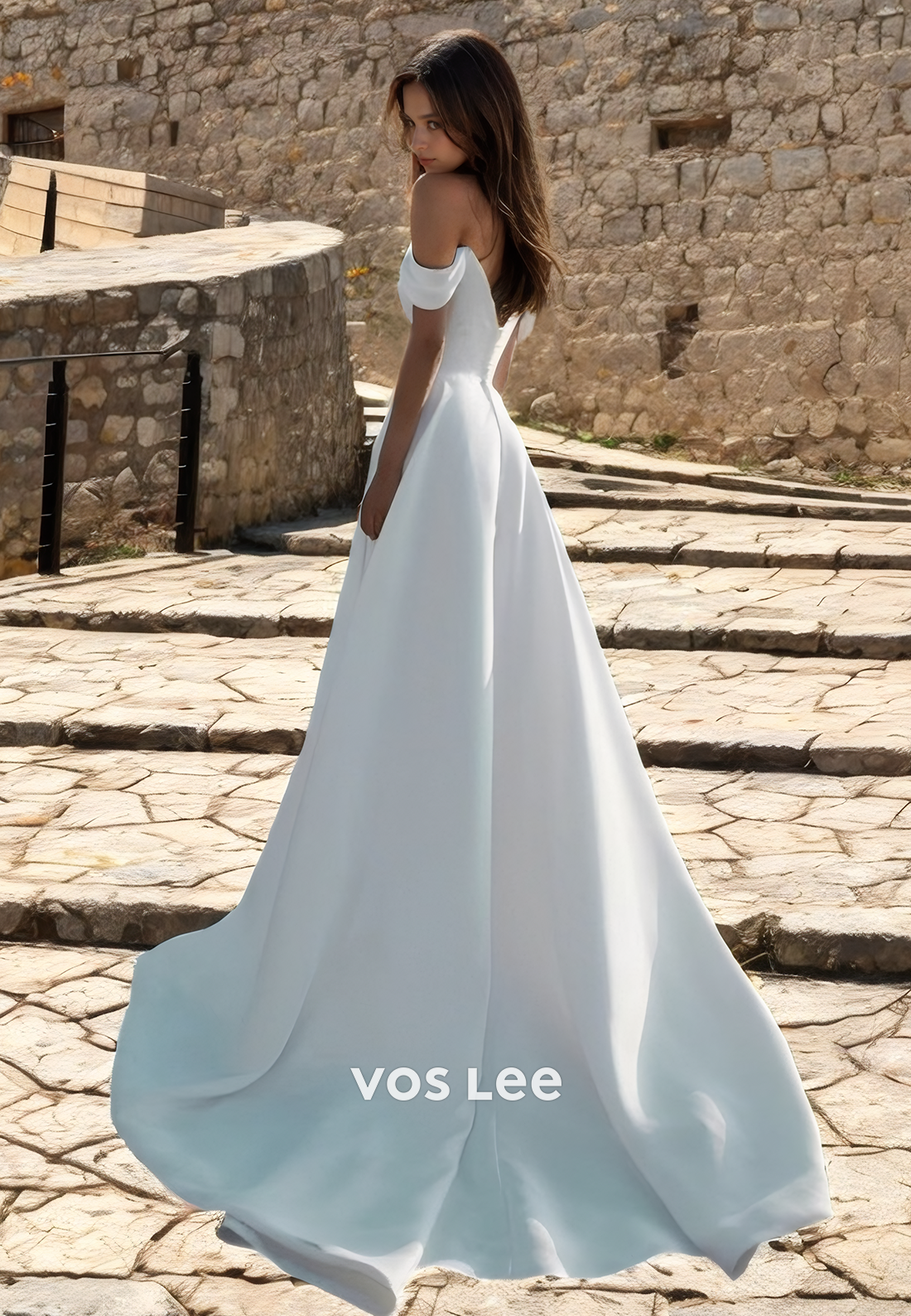 A-Line Scoop Satin Formal Wedding Dress with High Slit Off-Shoulder Floor Length Bridal Princess Gown