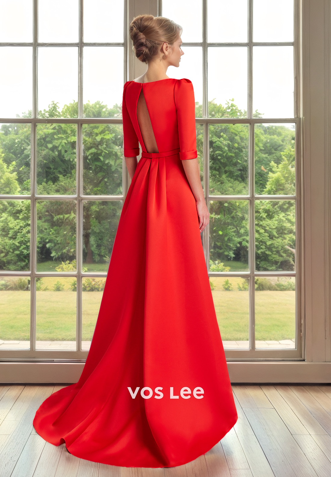 Charming A-Line V Neck Long Sleeves Backless Ruched Satin Mother of the Bride Dress