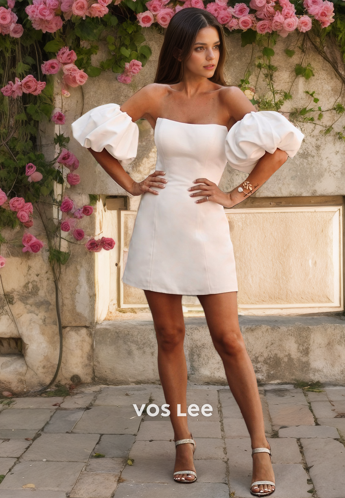 Simple Off-Shoulder Zipper Back Mini Wedding Dress With Detached Train