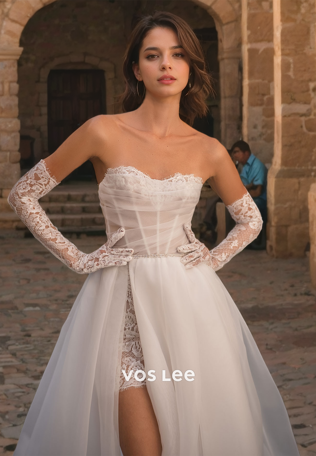 A-Line Sweetheart Tulle Detached Train Formal Wedding Dress with Lace Gloves
