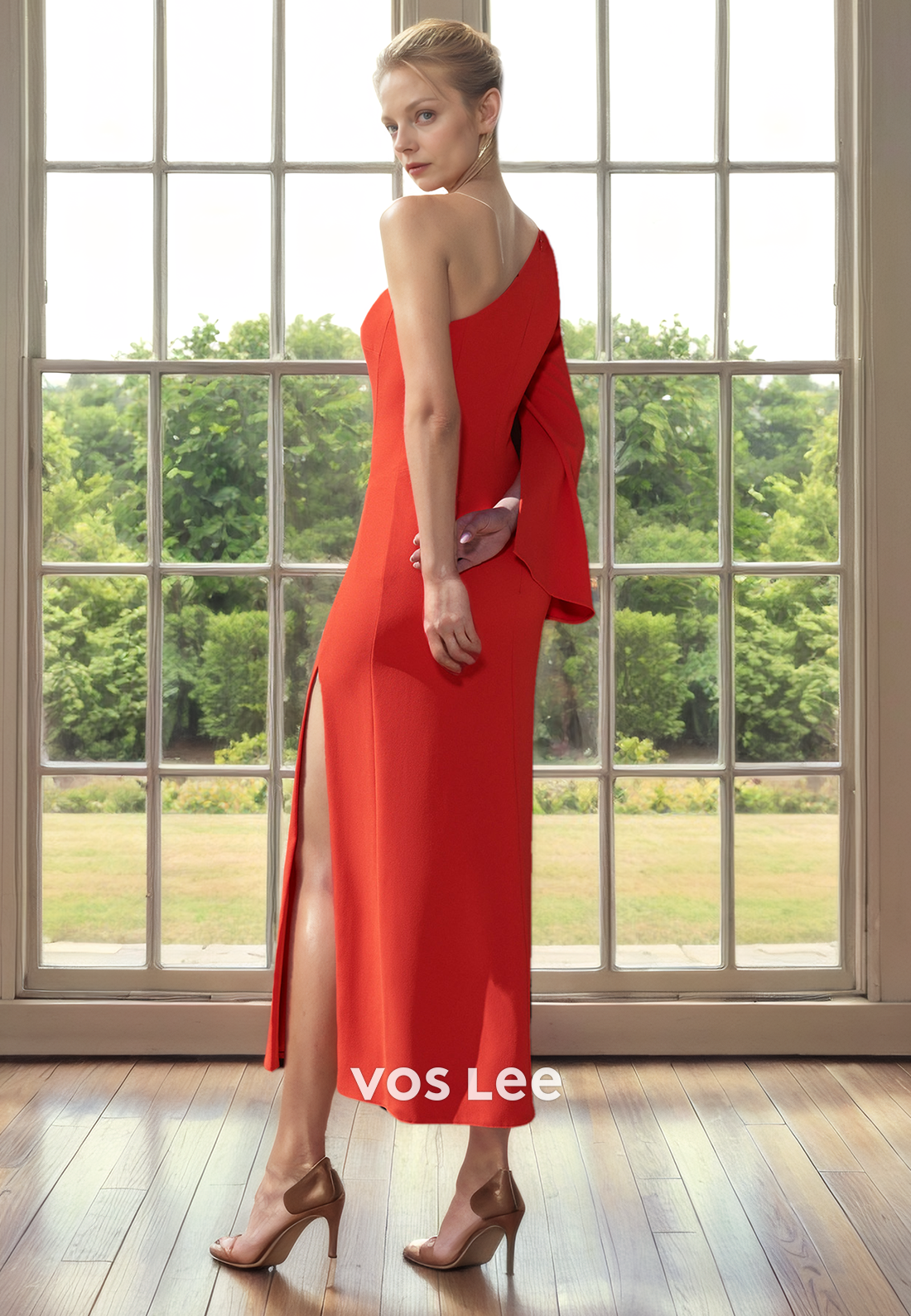 Unique Column One Shoulder Draped Side Split Satin Mother of the Bride Dress