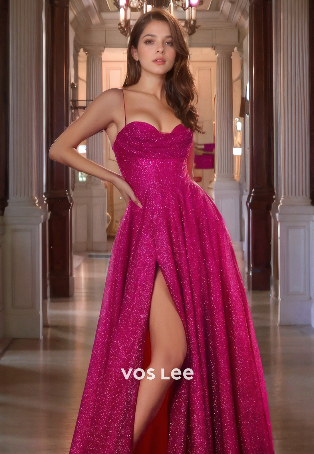Fuchsia A-Line Sequined Corset Back Prom Dress with High Slit Sweetheart Glitter Elegant Formal Evening Dresses