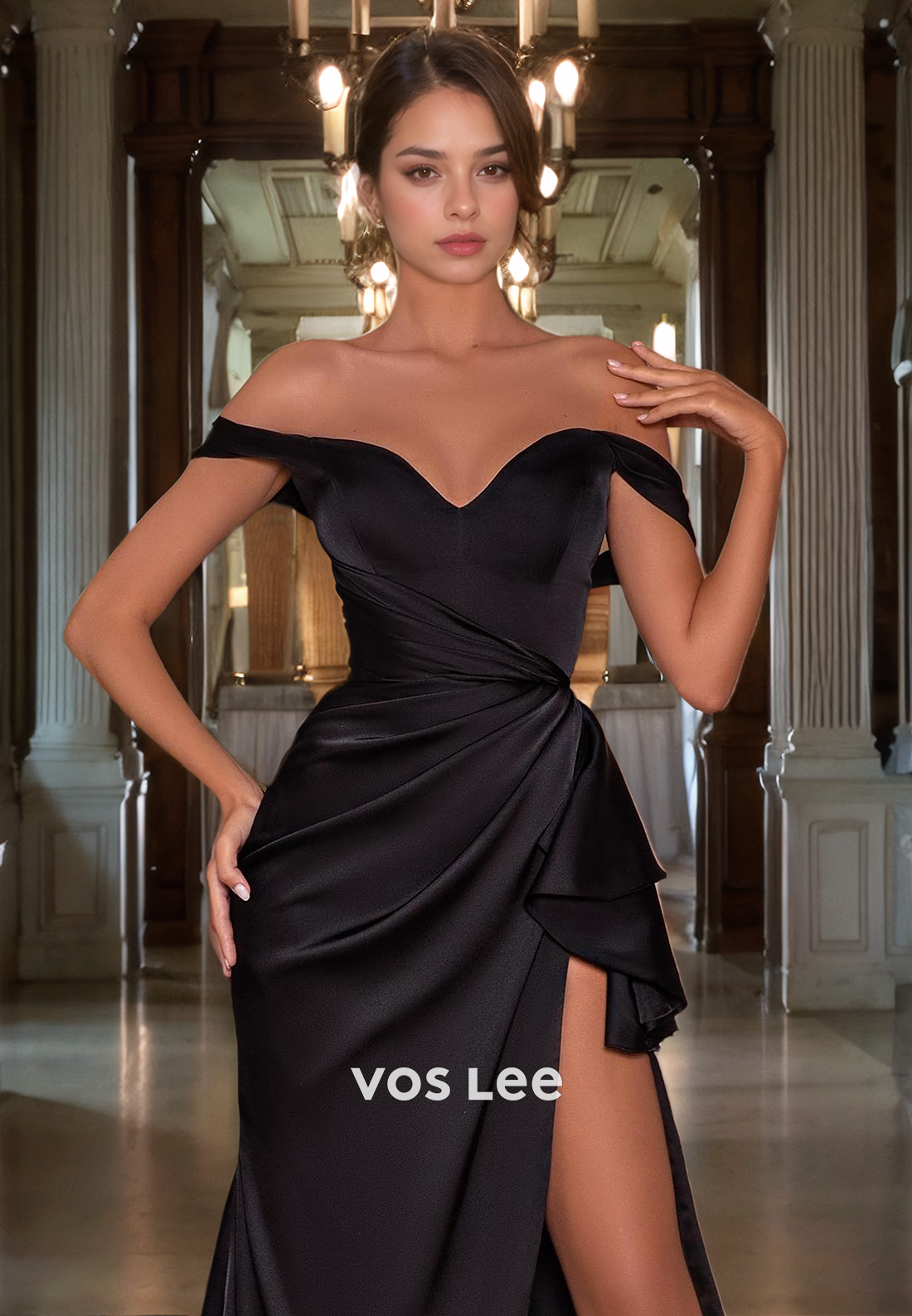 Black Prom Dress with High Slit Sheath/Column Off Shoulder Ruched Satin Long Formal Evening Dress
