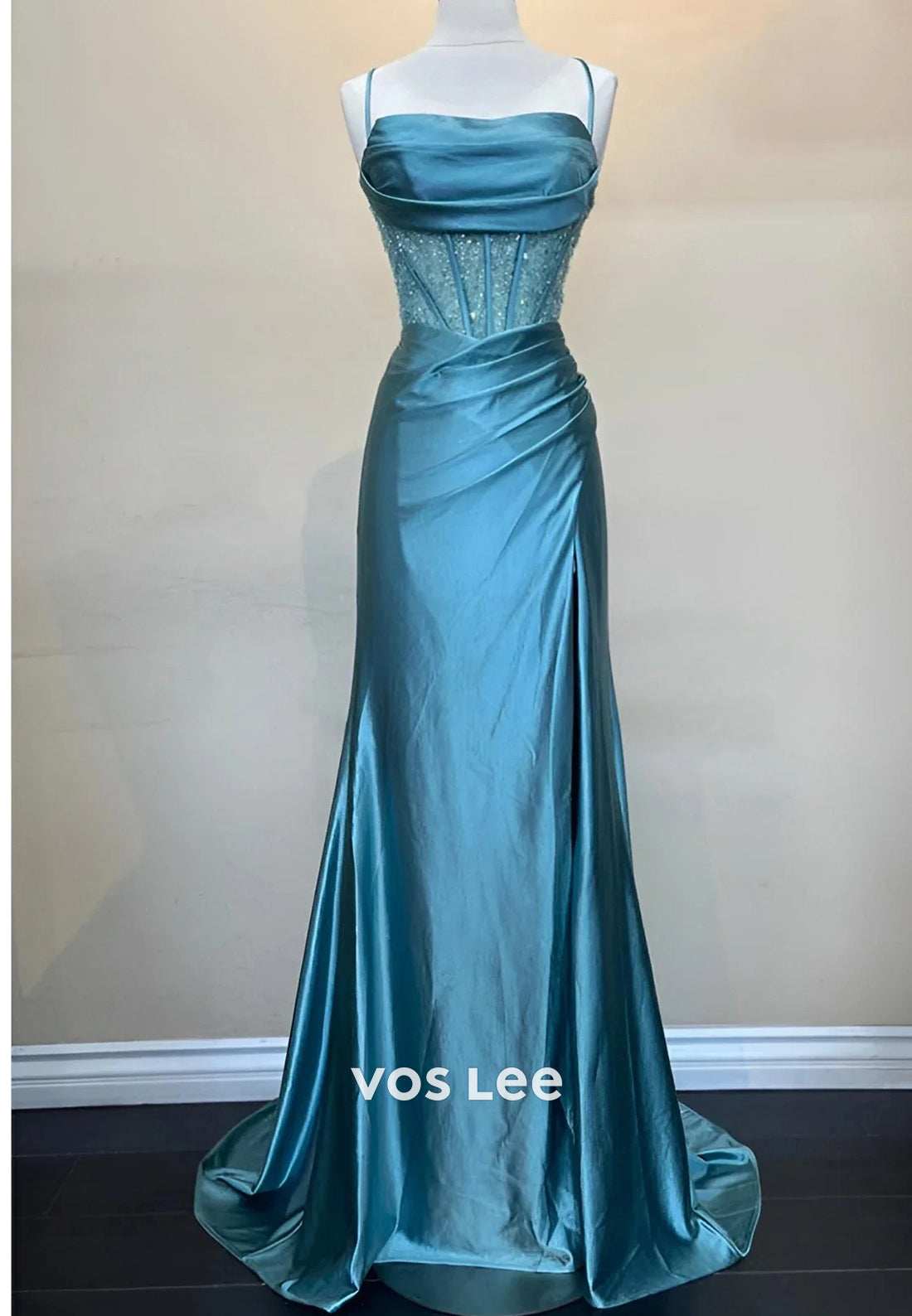 Glamorous & Dramatic Spaghetti Straps Illusion Sequins Mermaid Prom Dresseswith High Split