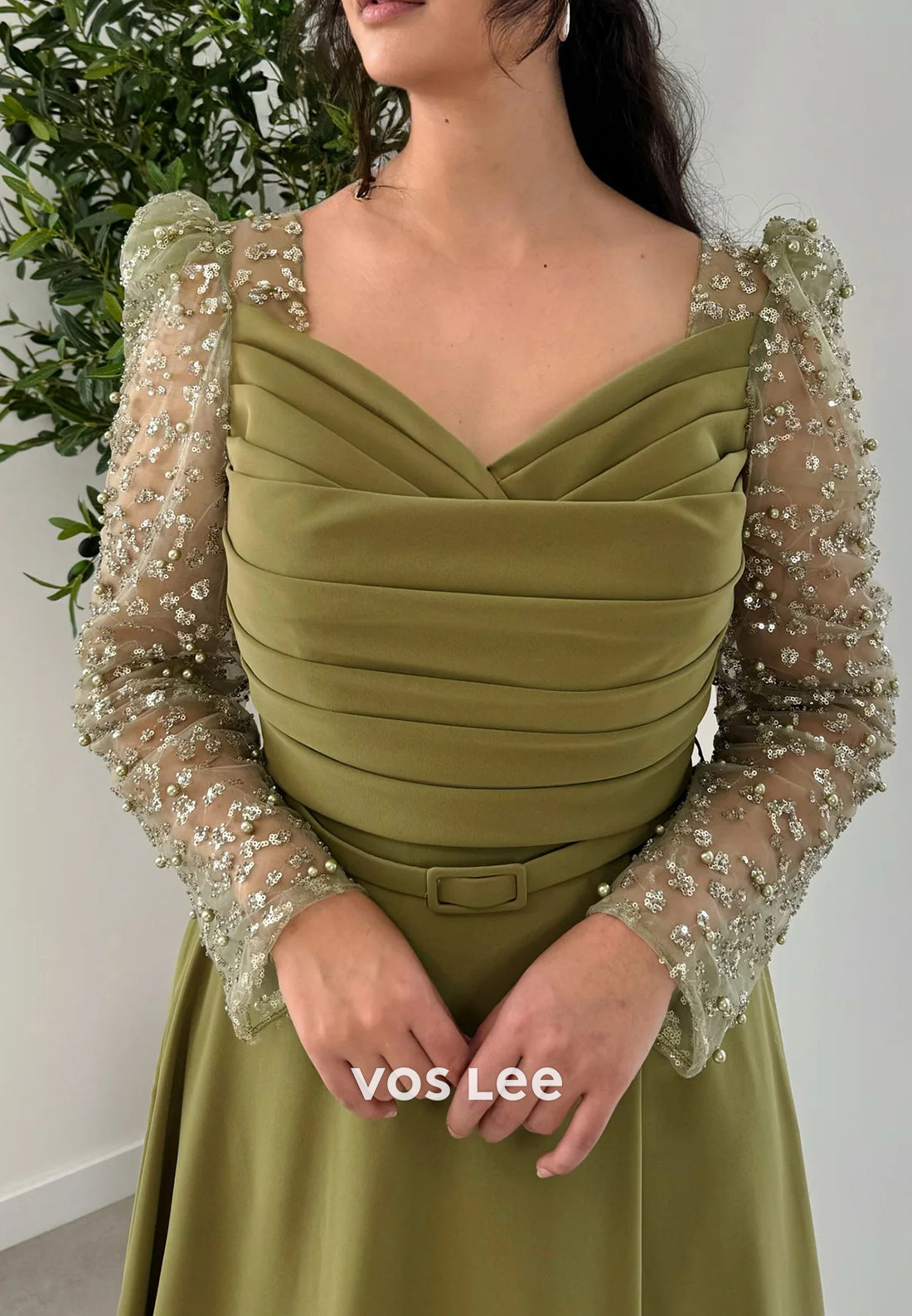 Classic & Timeless A-Line Long Sleevees V Neck Pleated Evening Dresses with Sweep Train