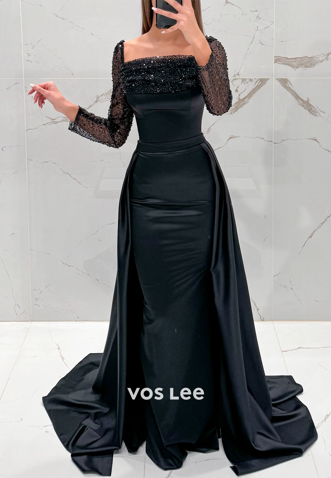 Long Sleeves Sequined Prom Dresses Formal Dresses with Detachable Court Train