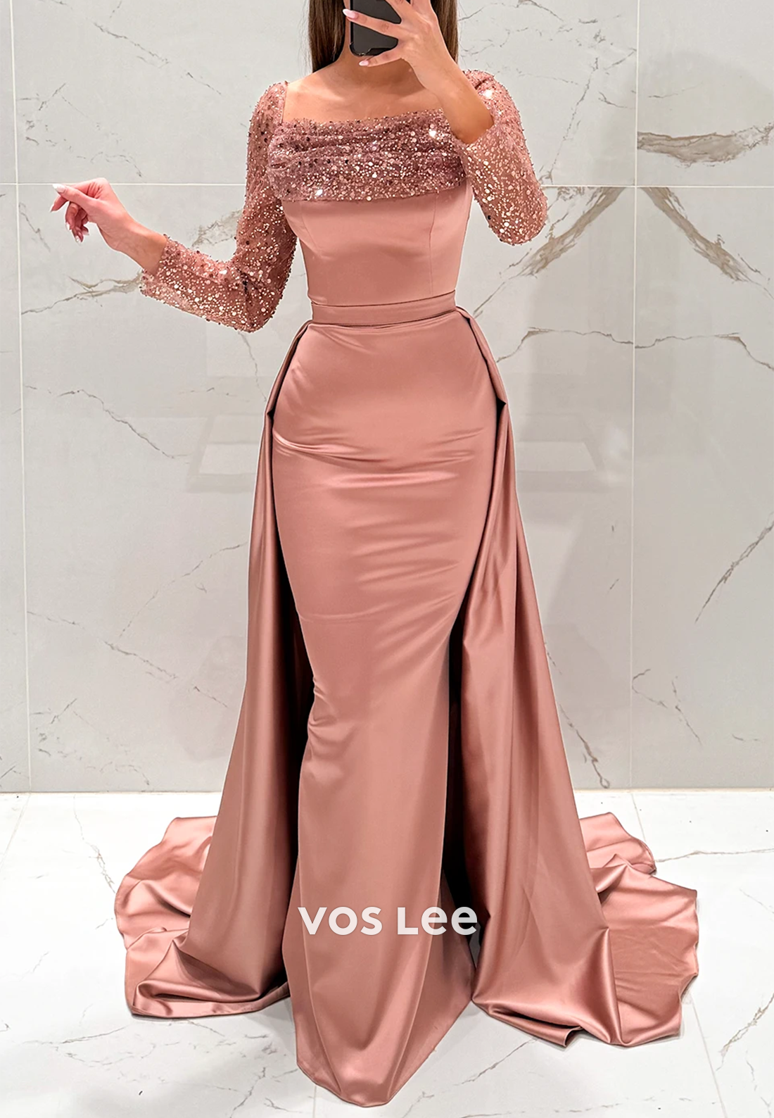 Long Sleeves Sequined Prom Dresses Formal Dresses with Detachable Court Train