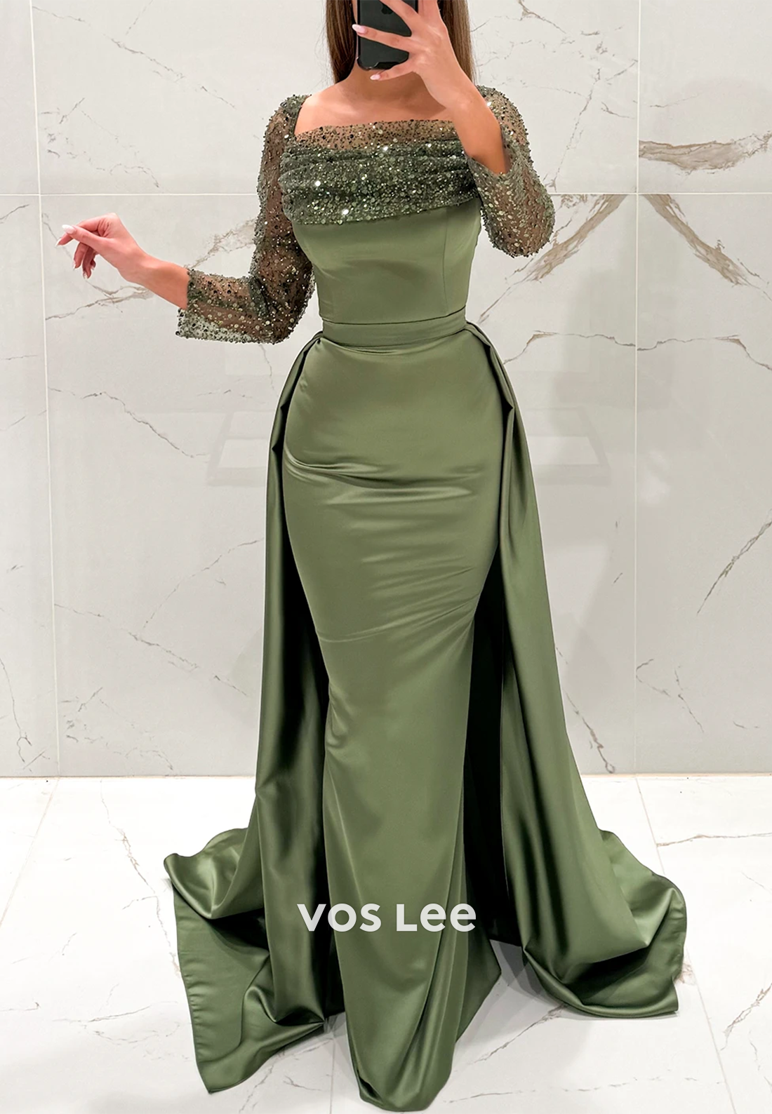 Long Sleeves Sequined Prom Dresses Formal Dresses with Detachable Court Train