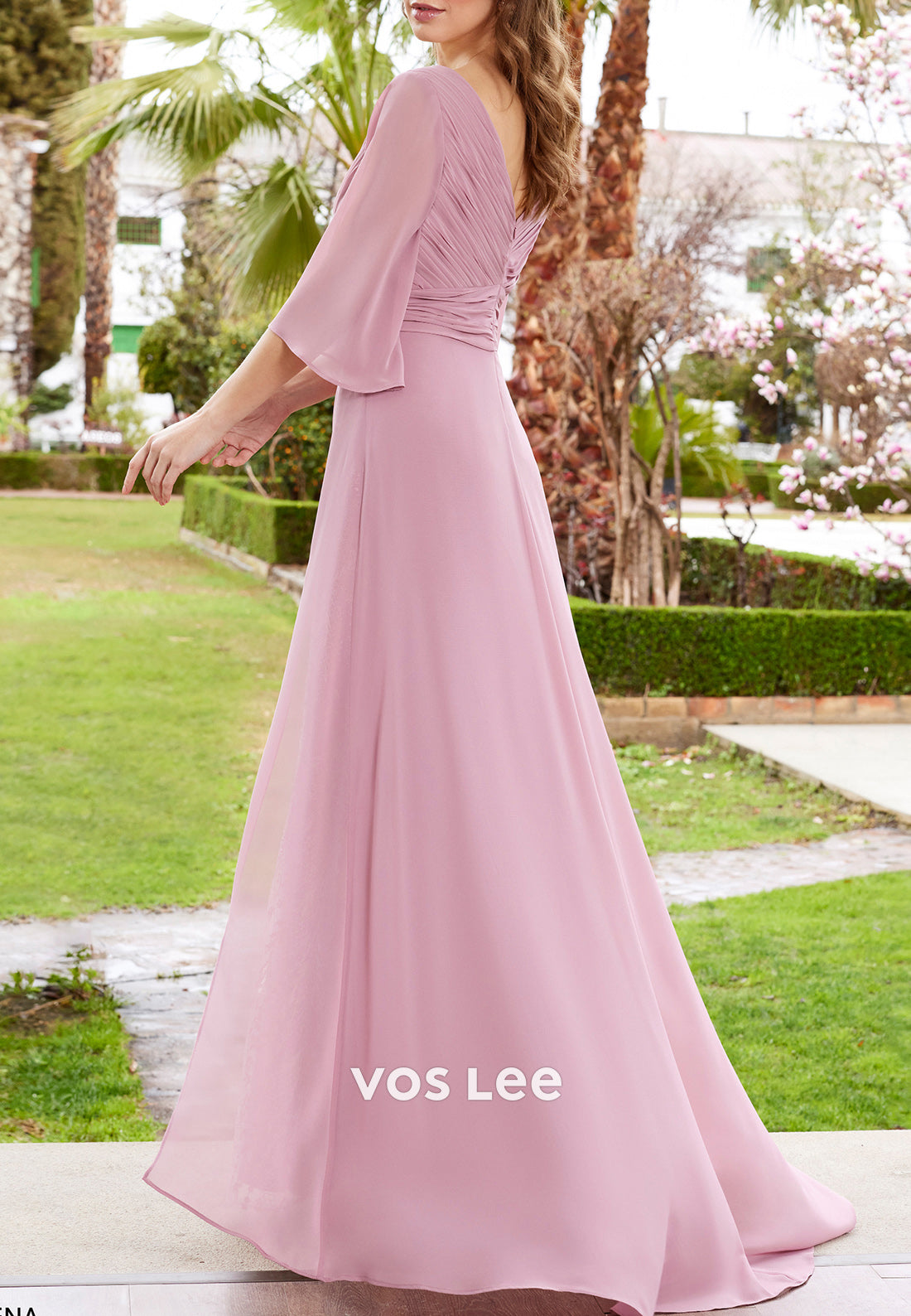 A-Line 3/4 Sleeve V Neck Sequins Pleated Mother of Bride Dress with Sweep Train