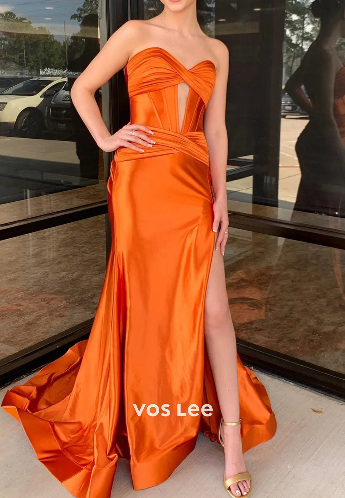 Sexy Strapless Ruched Sweetheart Side Split Mermaid Prom Dresses with Sweep Train