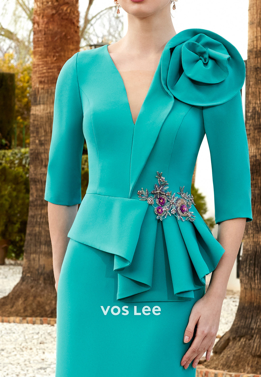 3/4 Sleeve V Neck Rhinestone Pleated Flowers Floor-Length Sheath Mother of Bride Dress