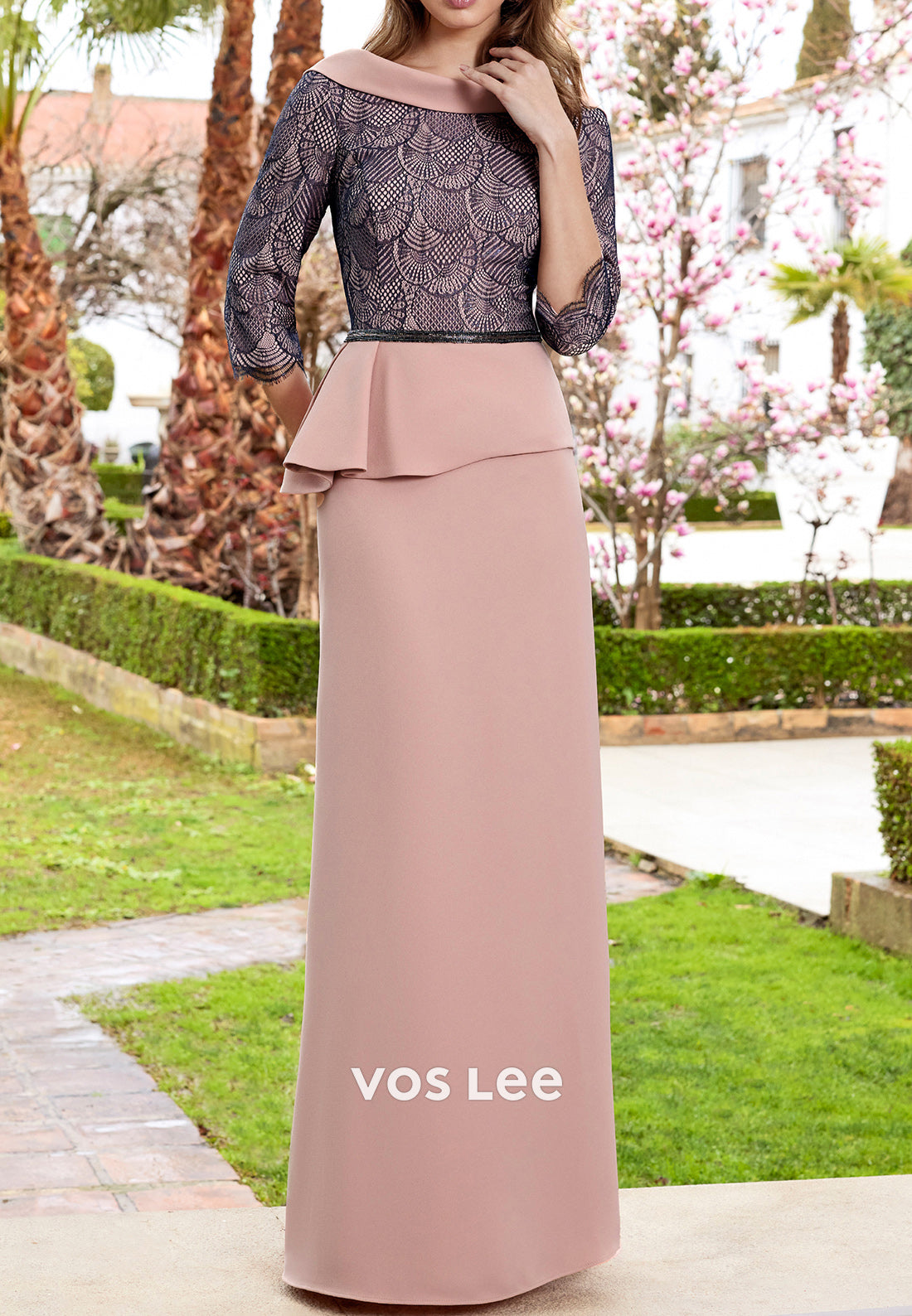 3/4 Sleeve Scoop Empire Waist Floor-Length Ruched Sheath Mother of Bride Dress