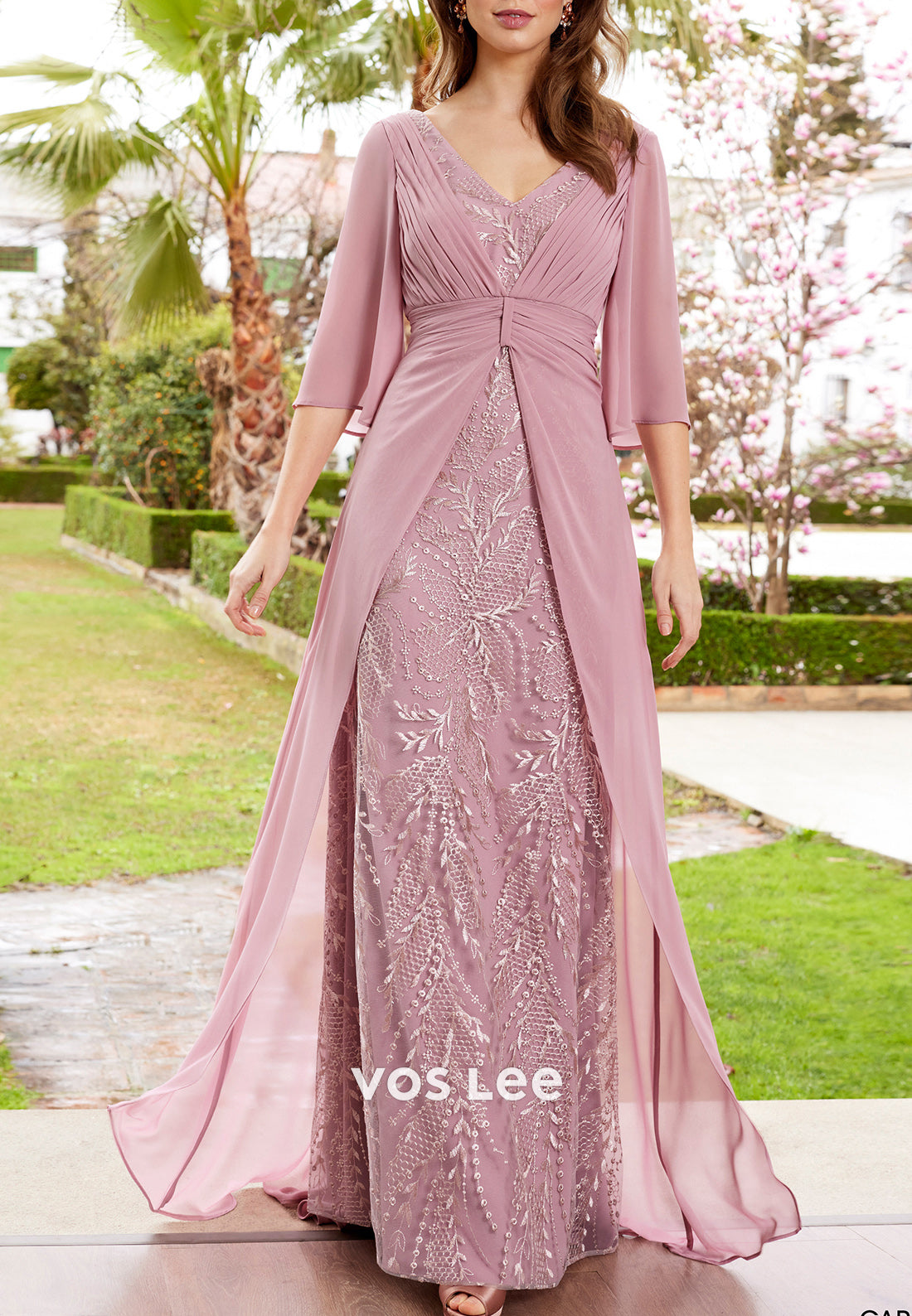 A-Line 3/4 Sleeve V Neck Sequins Pleated Mother of Bride Dress with Sweep Train
