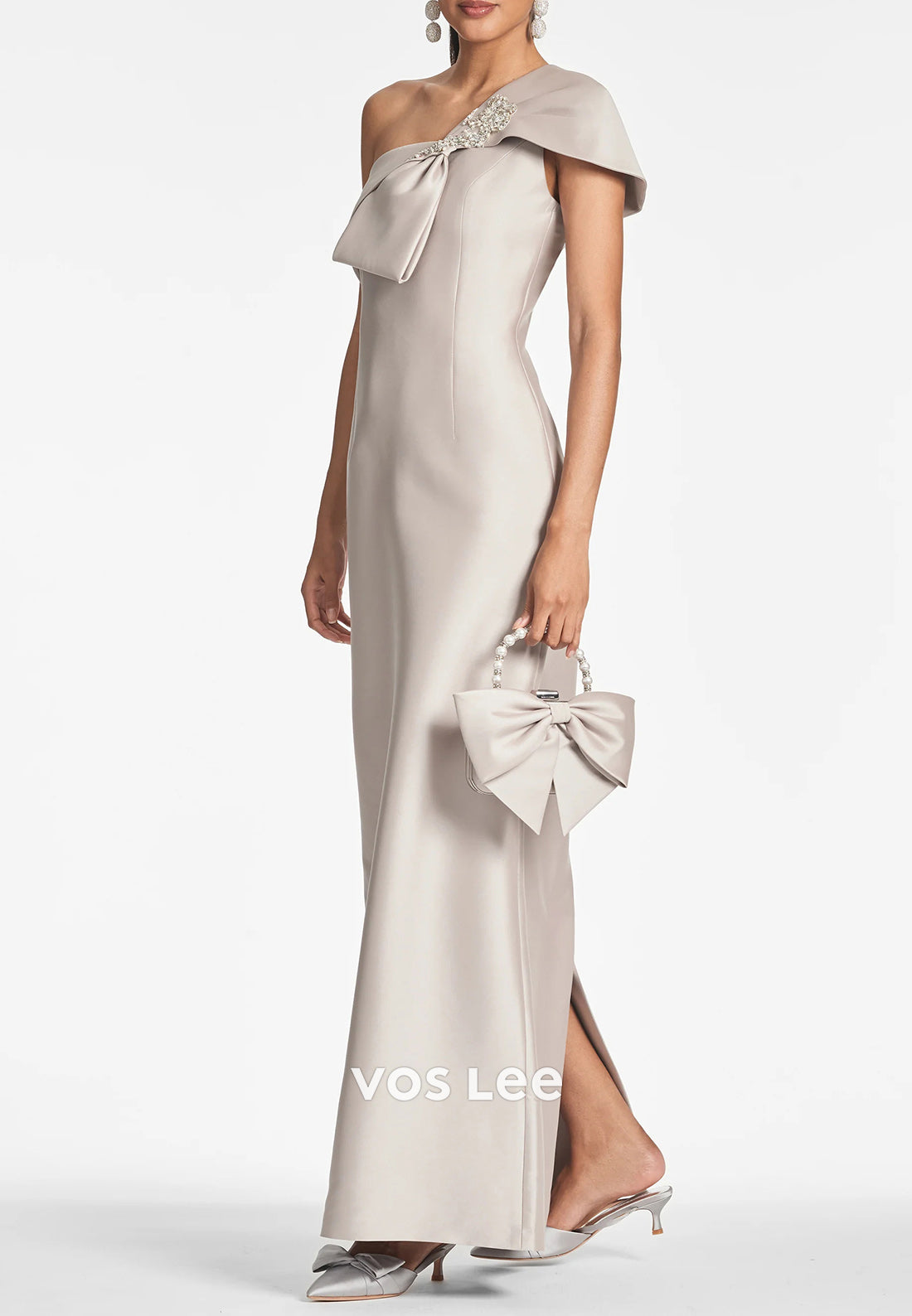 One Shoulder Sheath Bowknot Beaded Pleated Mother of Bride Dresses Evening Dresses
