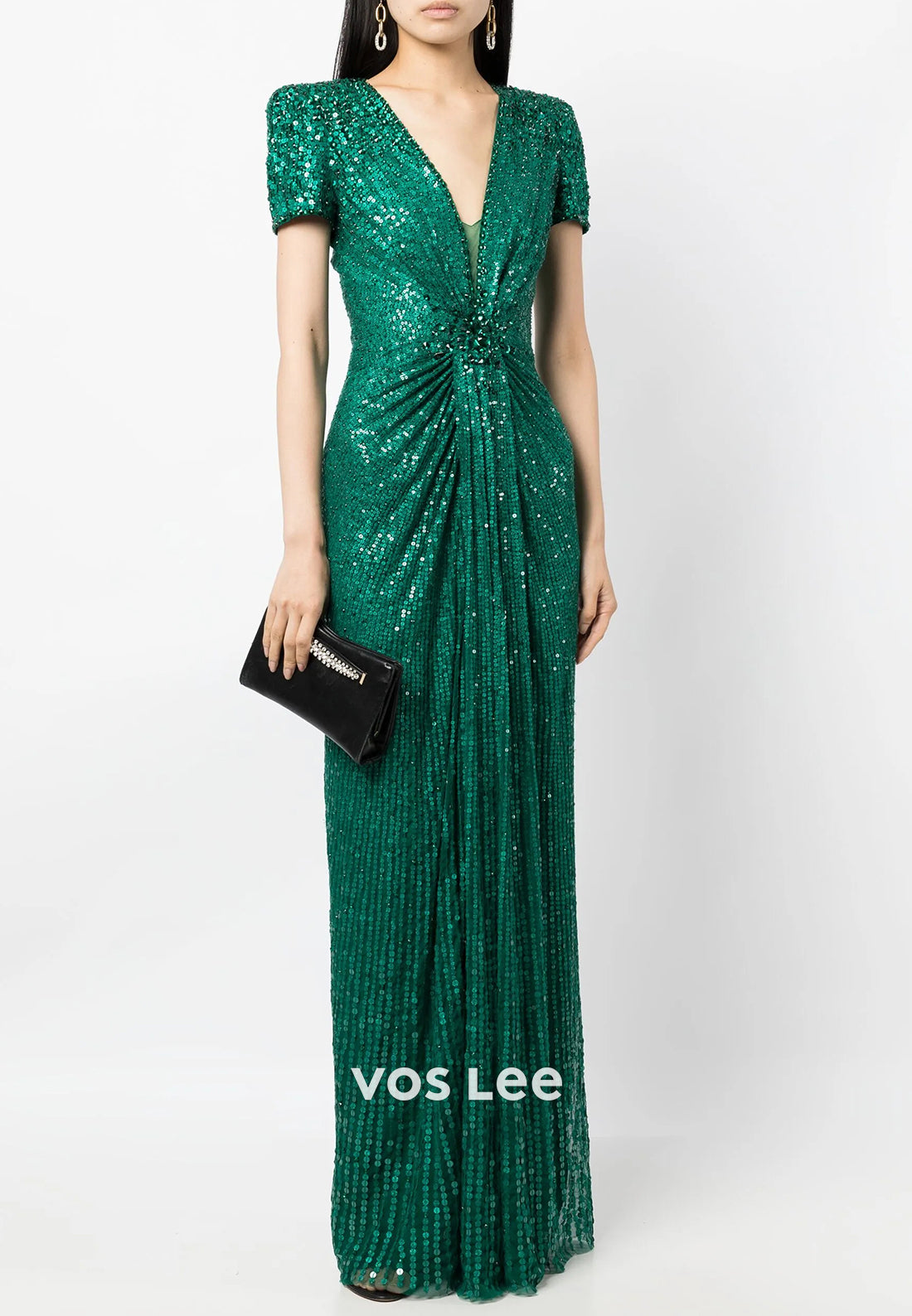Dark Green Short Sleeve V Neck Fully Sequined Sheath Mother of Bride Dresses