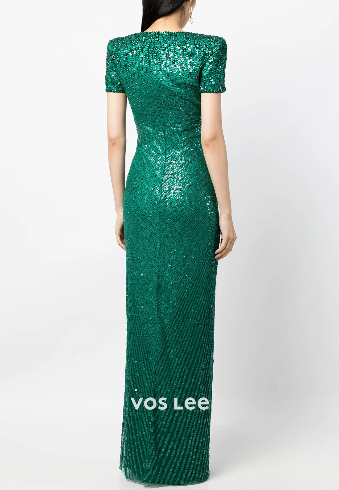 Dark Green Short Sleeve V Neck Fully Sequined Sheath Mother of Bride Dresses