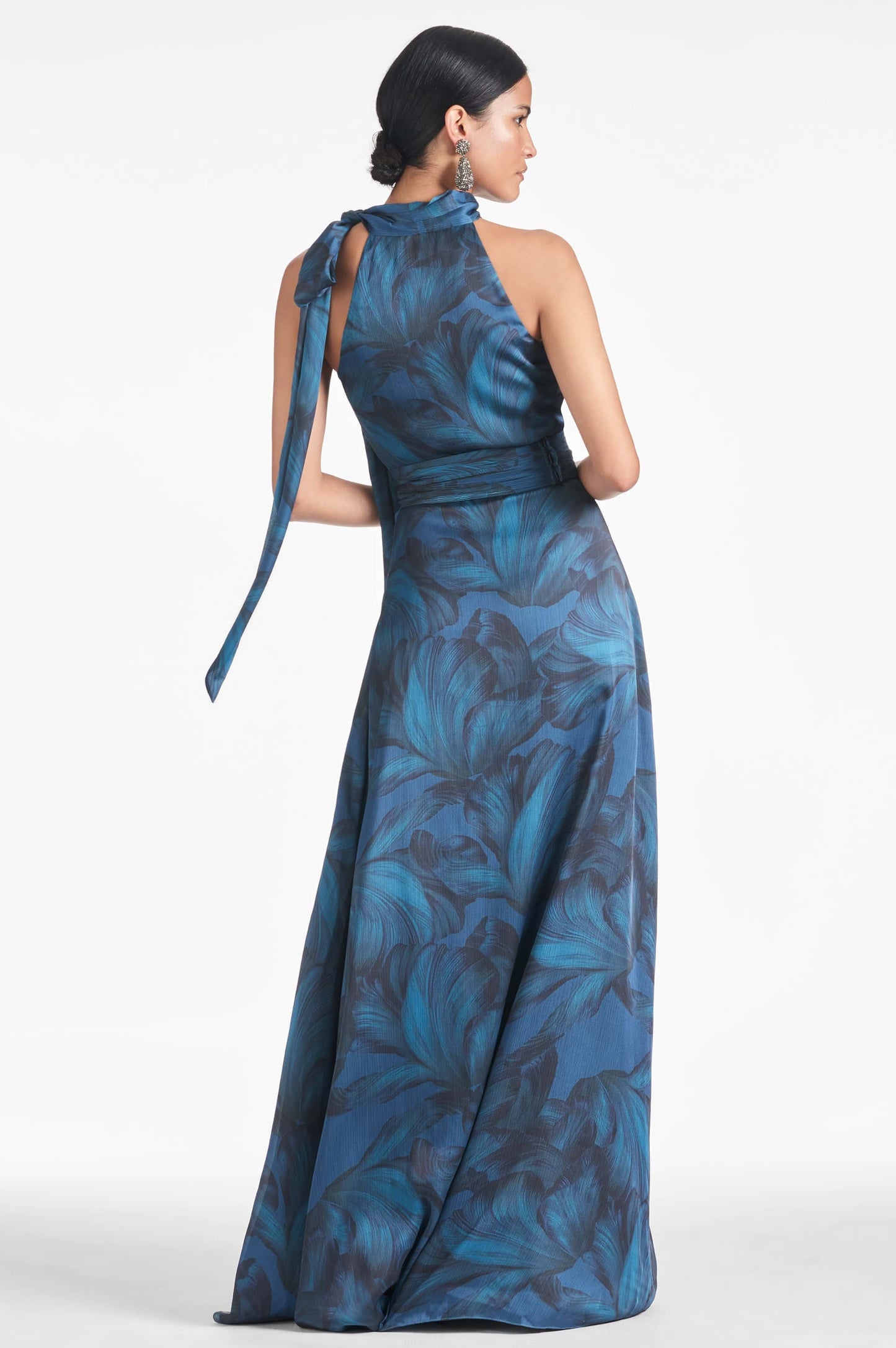 Halter Neck Blue Floral Evening Dress with Bow
