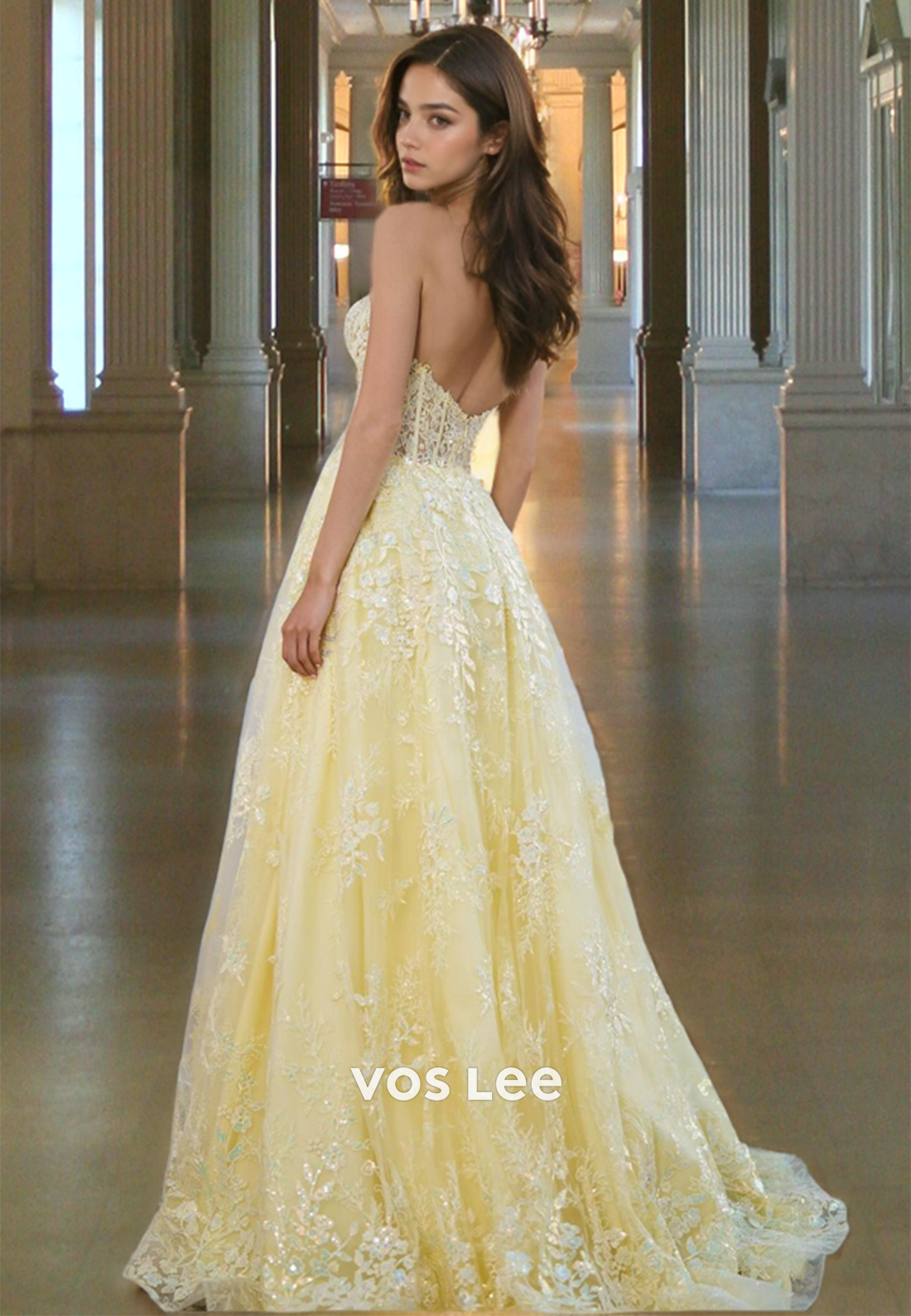 A-Line Yellow Sweetheart Lace Prom Dresses Strapless Luxury Floor Length Long Quinceanera Dress with High Slit