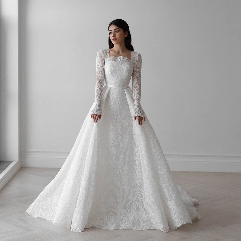 Lace A-Line Wedding Dress with Square Neck and Long Sleeves