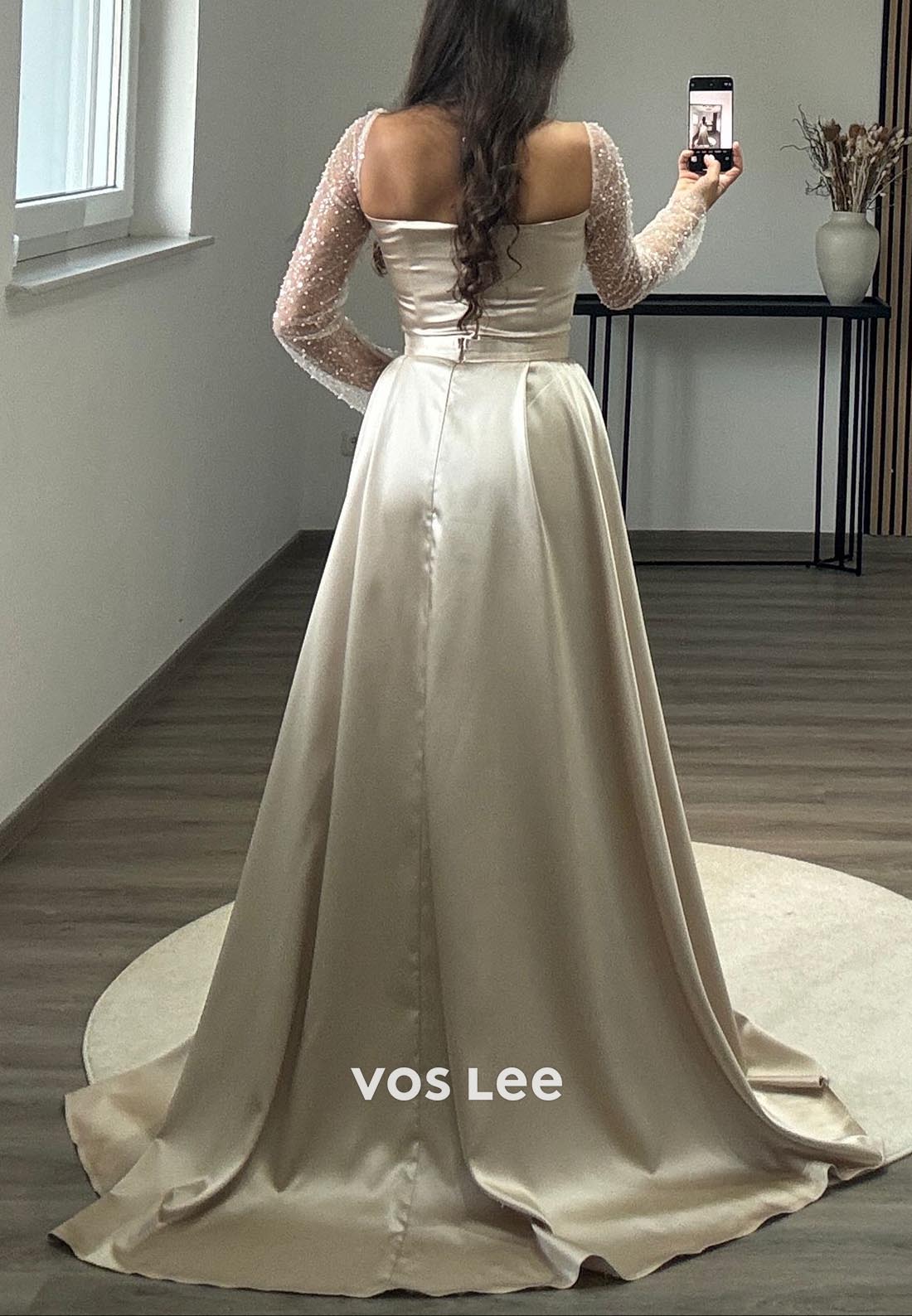 Long Sleeves Sequined Mermaid Formal Dresses with Detachable Train