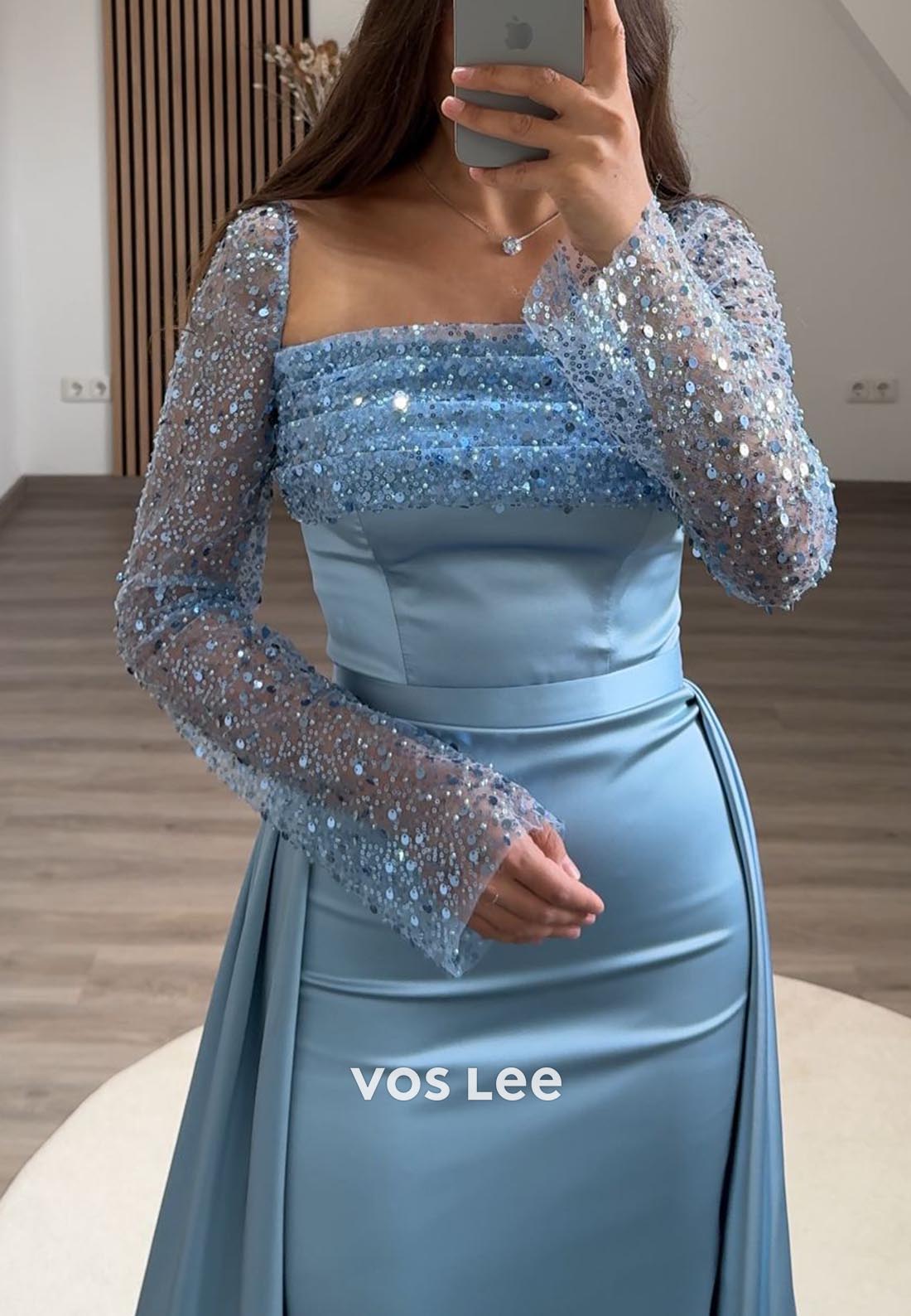 Long Sleeves Sequined Mermaid Formal Dresses with Detachable Train