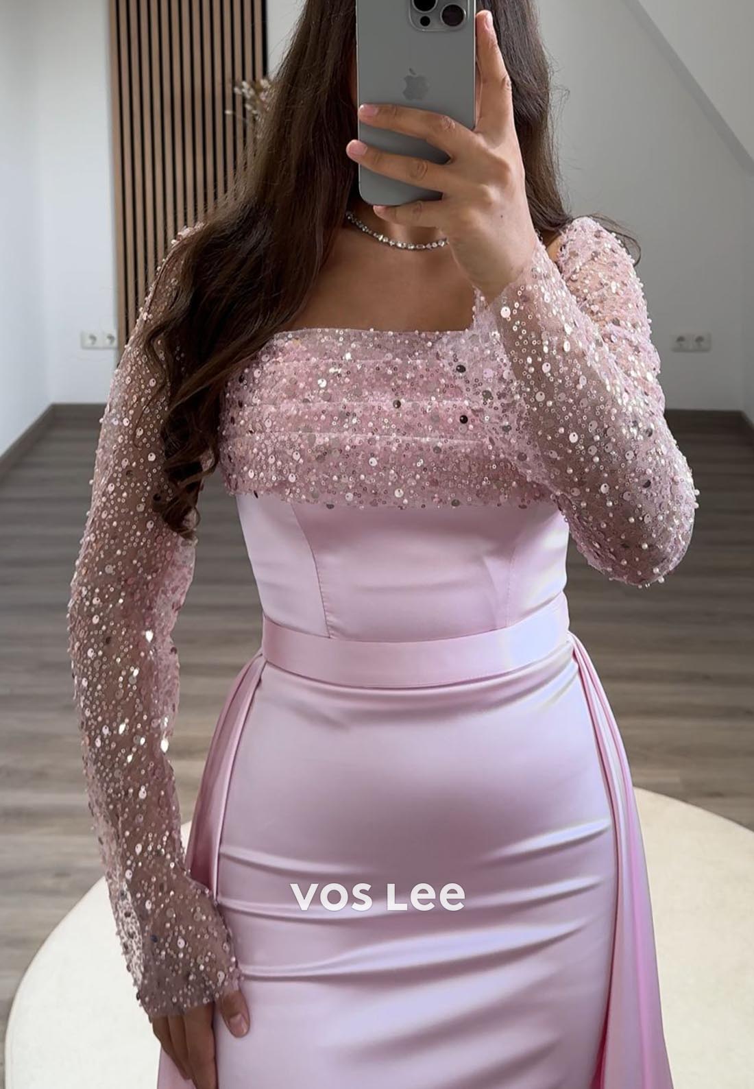 Long Sleeves Sequined Mermaid Formal Dresses with Detachable Train