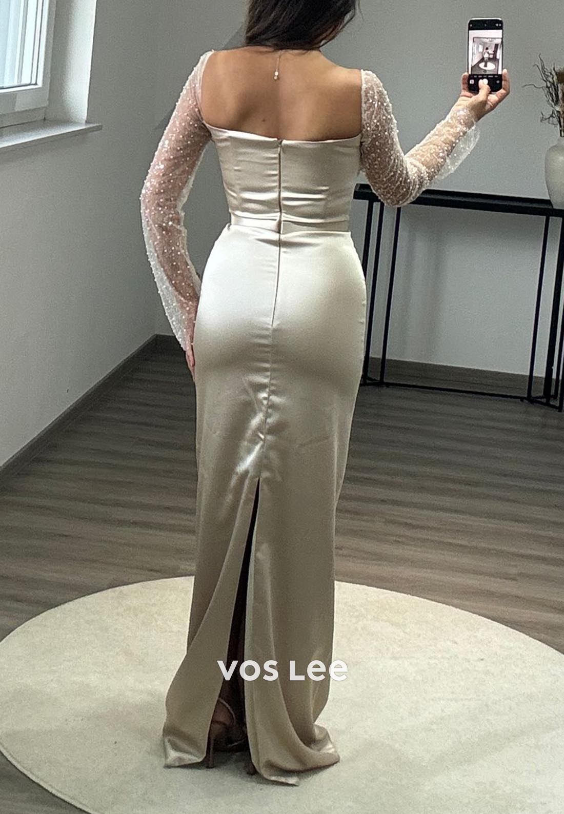 Long Sleeves Sequined Mermaid Formal Dresses with Detachable Train