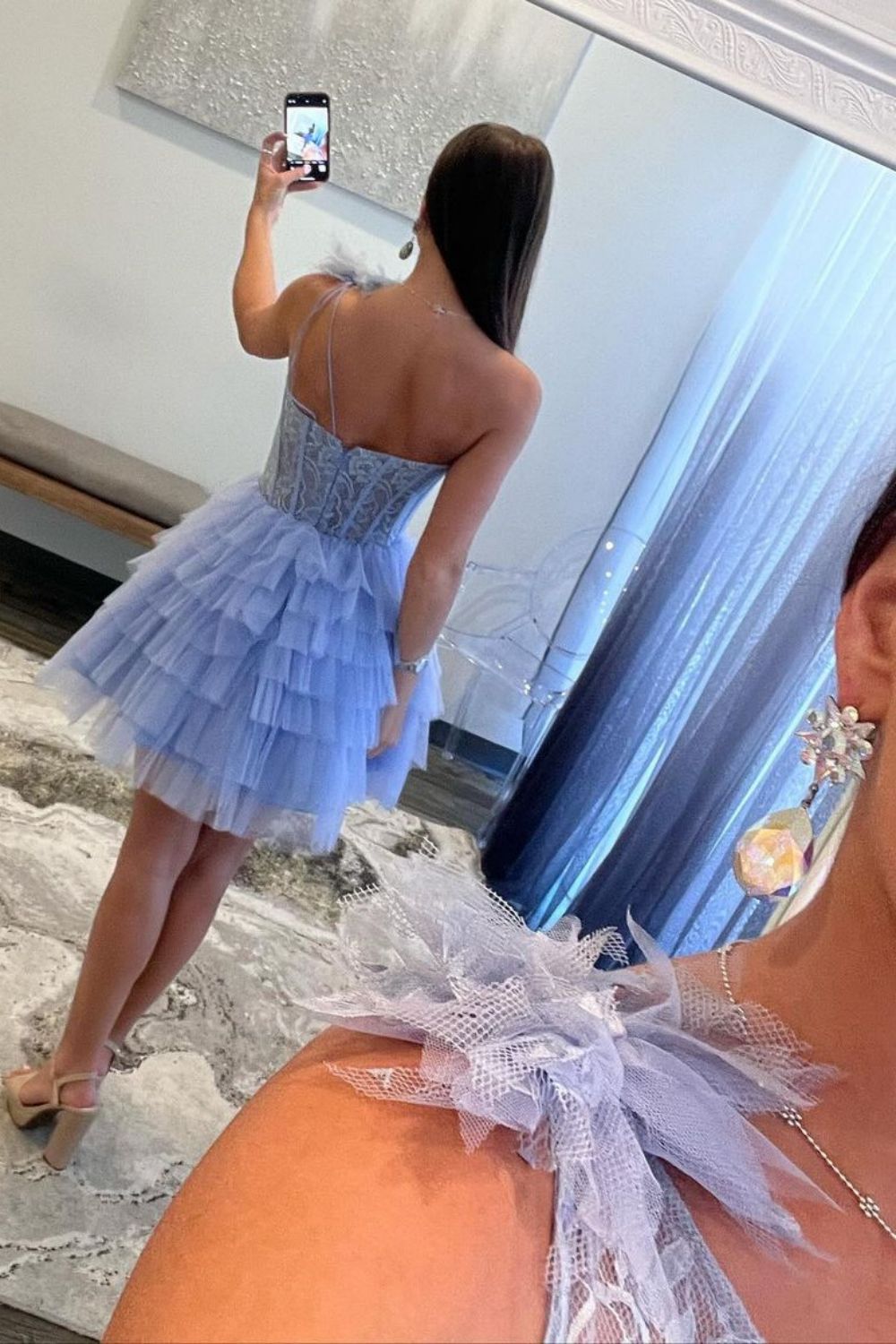 Lavender A-Line One Shoulder Short Tiered Tulle Homecoming Dress