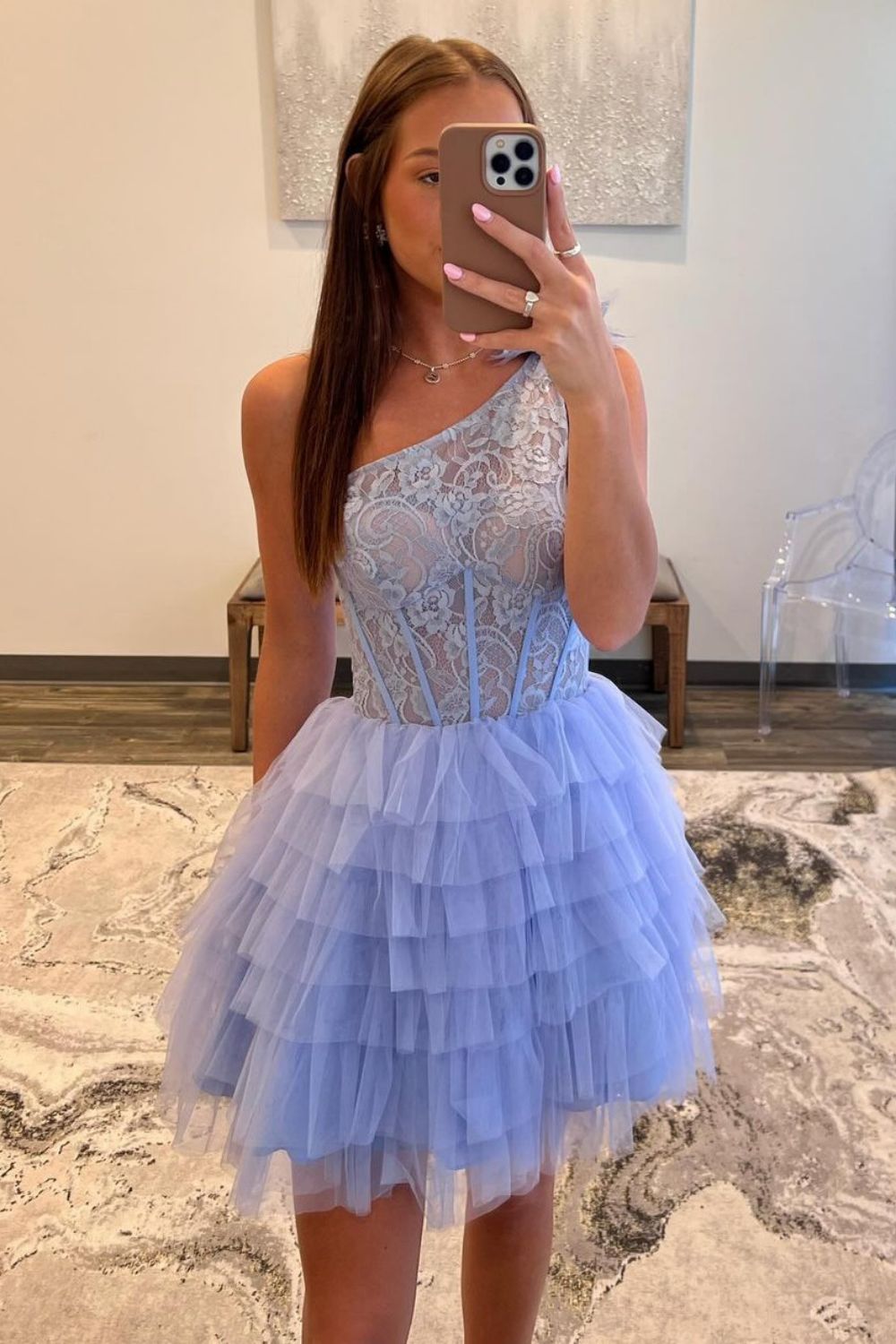 Lavender A-Line One Shoulder Short Tiered Tulle Homecoming Dress