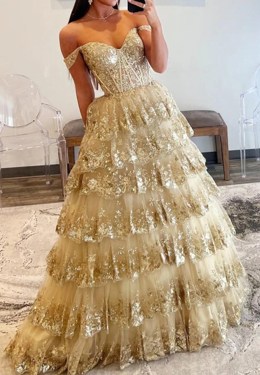 Off Shoulder Ball Gown Lace Sequins Appliques Long Prom Party Dress
