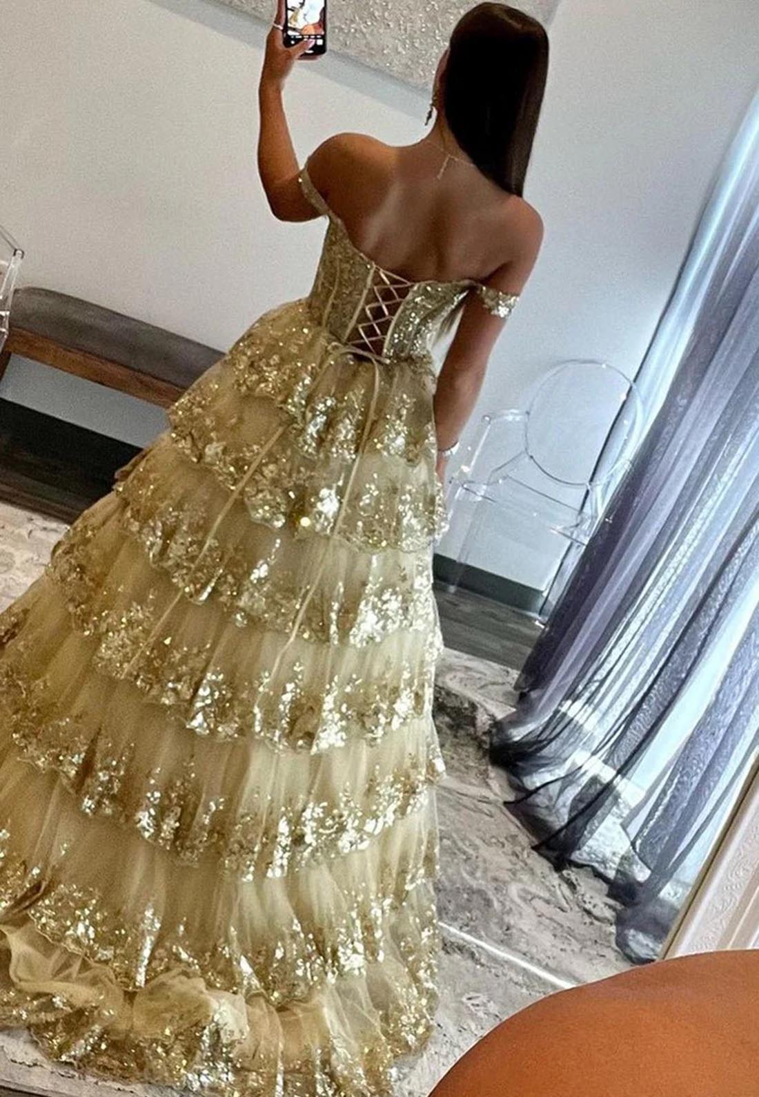 Off Shoulder Ball Gown Lace Sequins Appliques Long Prom Party Dress