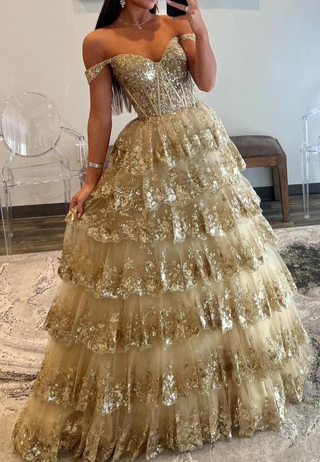 Off Shoulder Ball Gown Lace Sequins Appliques Long Prom Party Dress