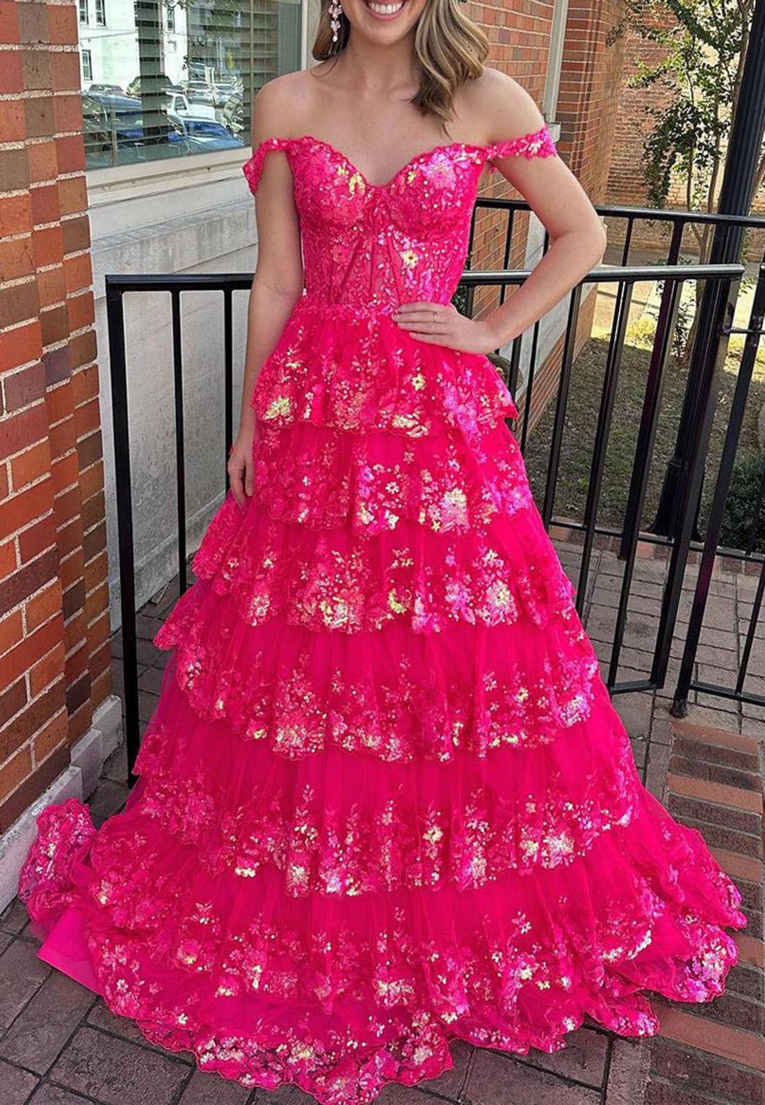 Off Shoulder Ball Gown Lace Sequins Appliques Long Prom Party Dress