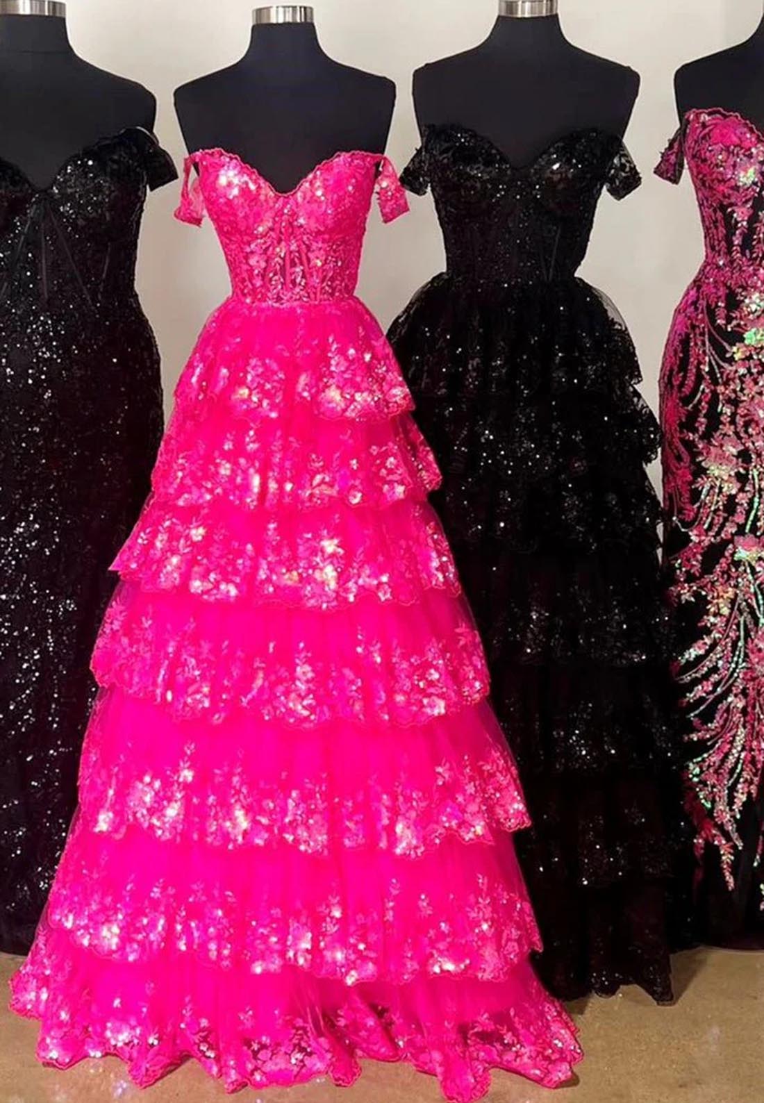 Off Shoulder Ball Gown Lace Sequins Appliques Long Prom Party Dress