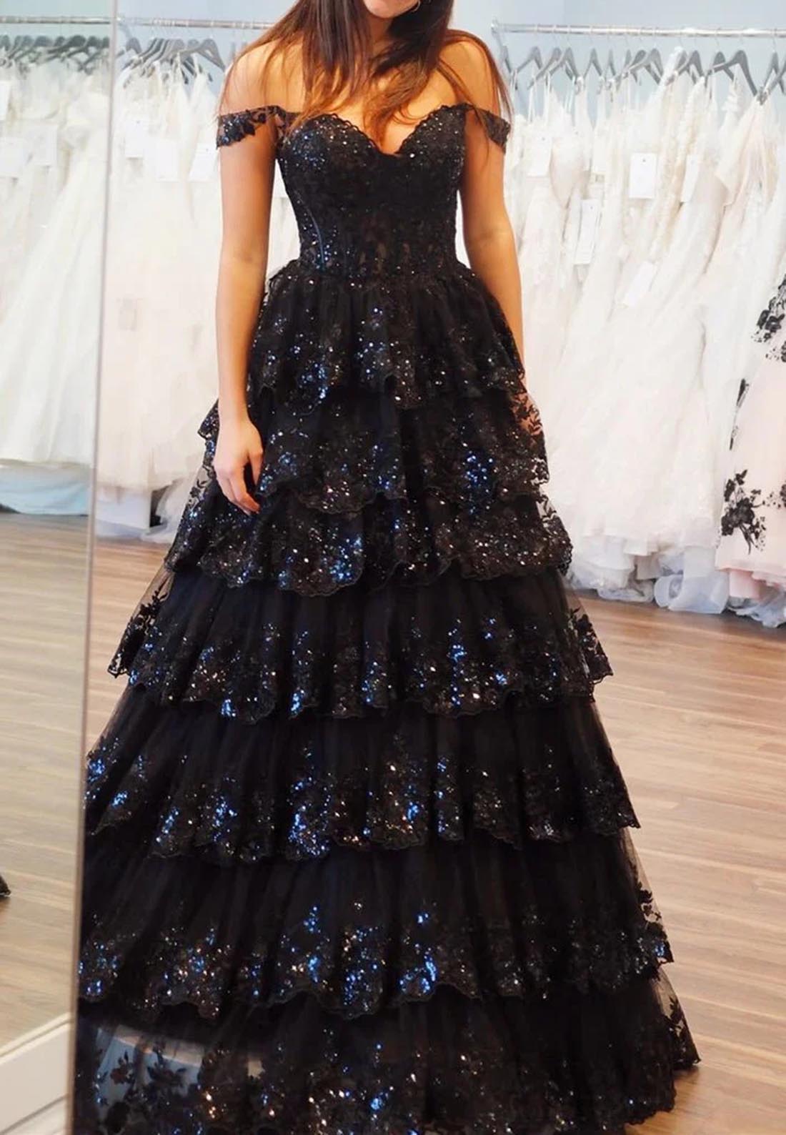 Off Shoulder Ball Gown Lace Sequins Appliques Long Prom Party Dress