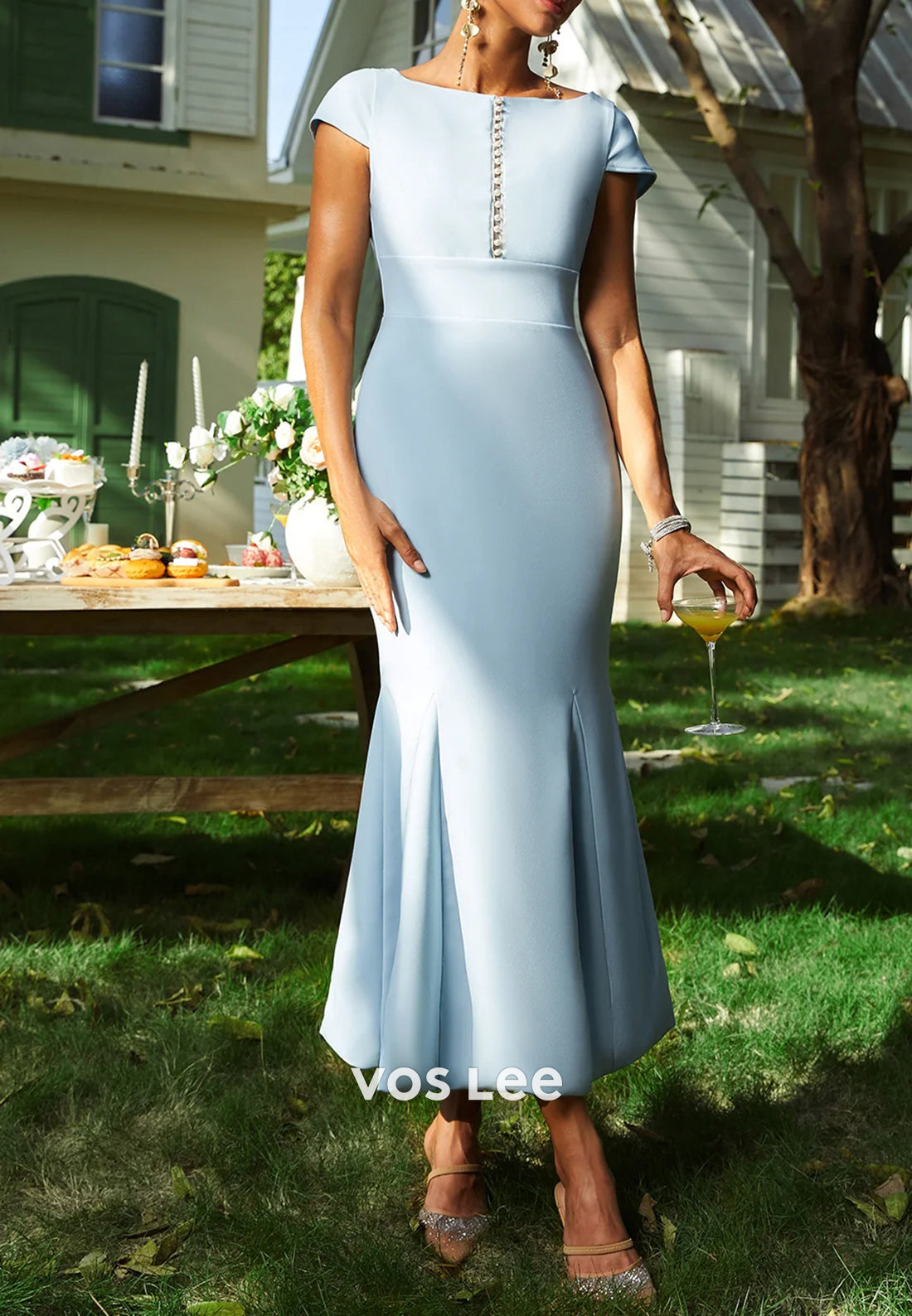 Classic Short Sleeve Scoop Ankle-Length Pearls Ruched Trumpet Wedding Guest Dresses