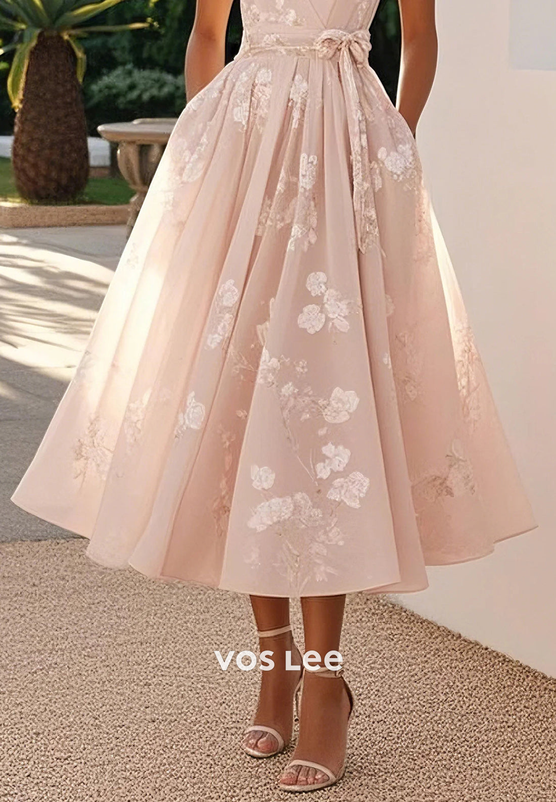 Pink Regular Straps V Neck Floral Print Bowknot Tea-Length Wedding Guest Dresses