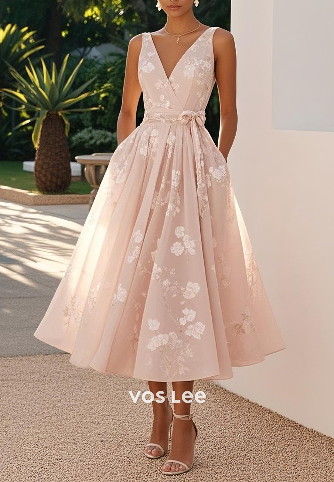 Pink Regular Straps V Neck Floral Print Bowknot Tea-Length Wedding Guest Dresses