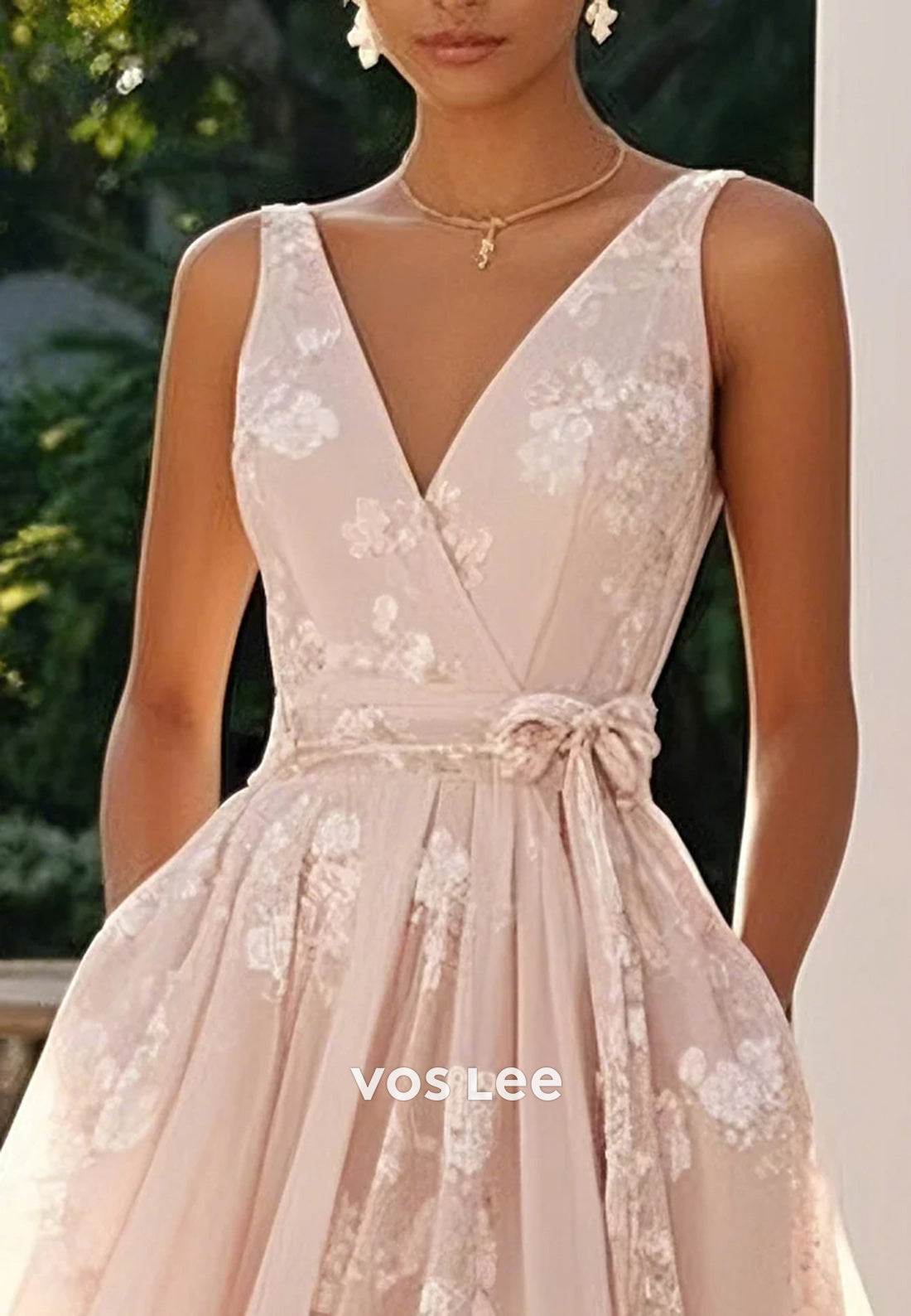 Pink Regular Straps V Neck Floral Print Bowknot Tea-Length Wedding Guest Dresses