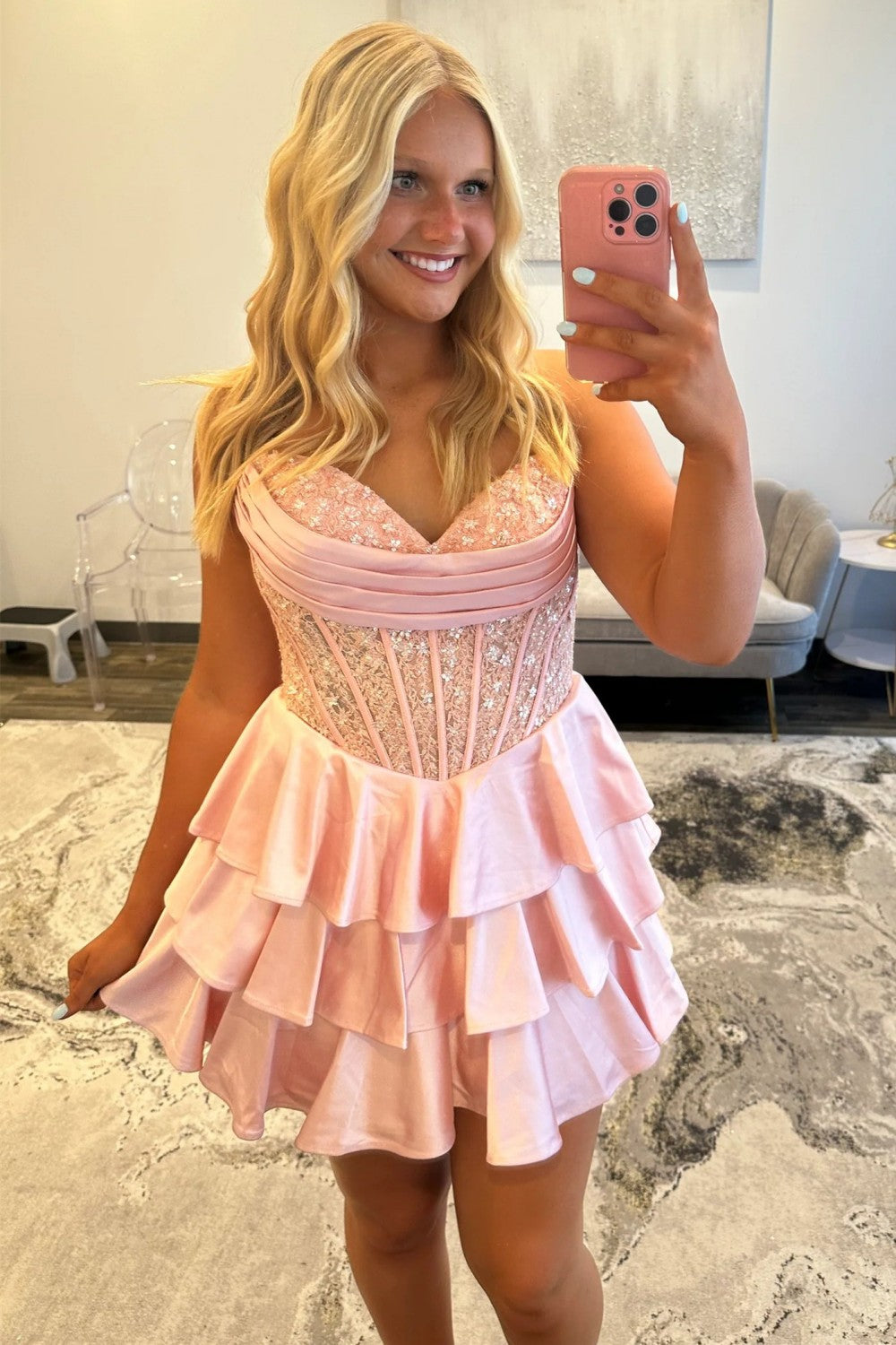 Elegant Sweetheart Homecoming Dress with Lace Corset Bodice and Tiered Skirt