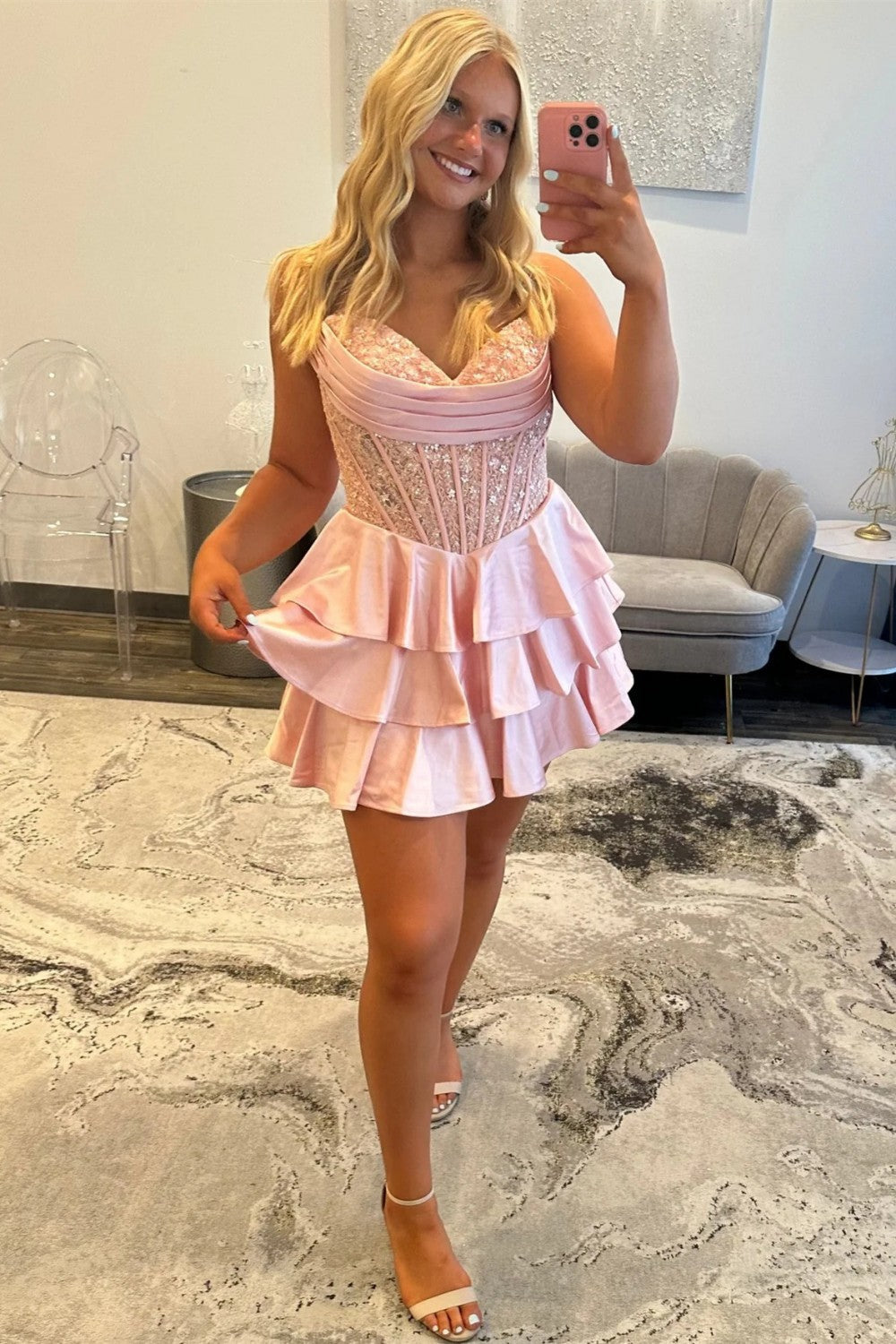Elegant Sweetheart Homecoming Dress with Lace Corset Bodice and Tiered Skirt