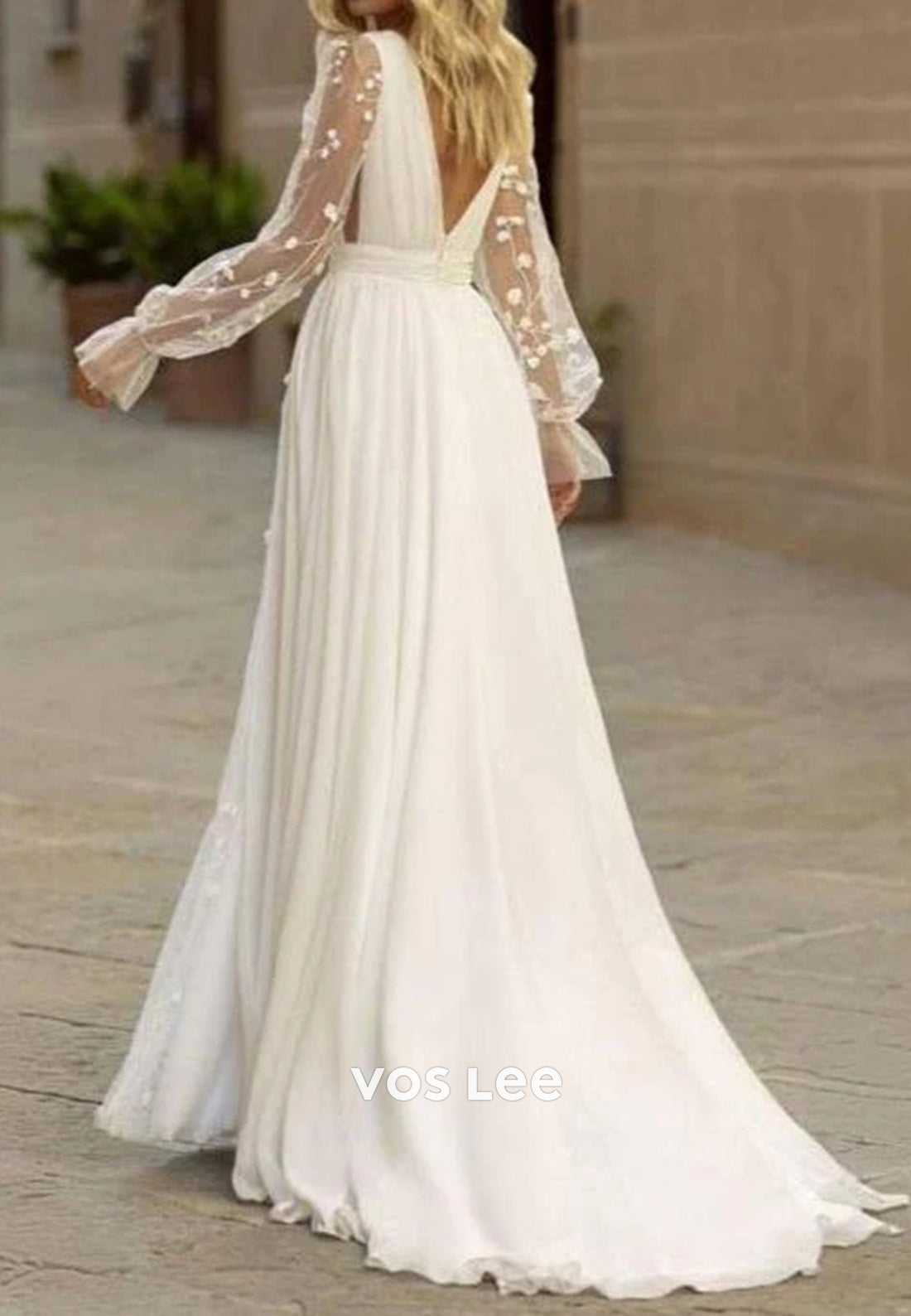 A-Line Long Sleeve Plunging V-Neck Illusion Split Beach Wedding Dresses with Sweep Train
