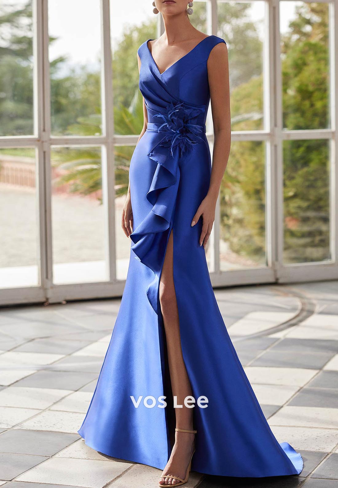 V Neck Feather Flowers Floor-Length Mermaid Mother of Bride Dresses with High Split
