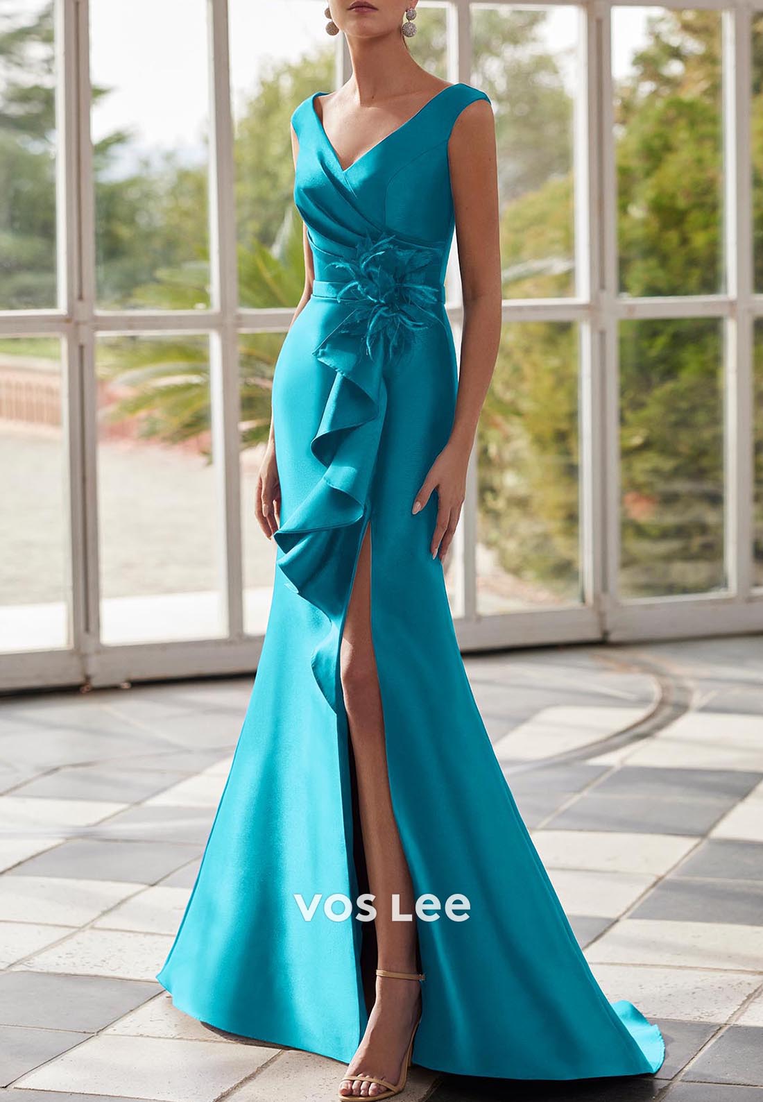 V Neck Feather Flowers Floor-Length Mermaid Mother of Bride Dresses with High Split