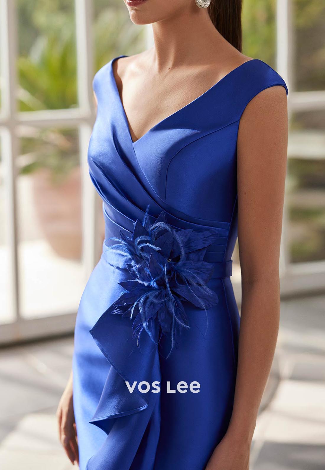 V Neck Feather Flowers Floor-Length Mermaid Mother of Bride Dresses with High Split