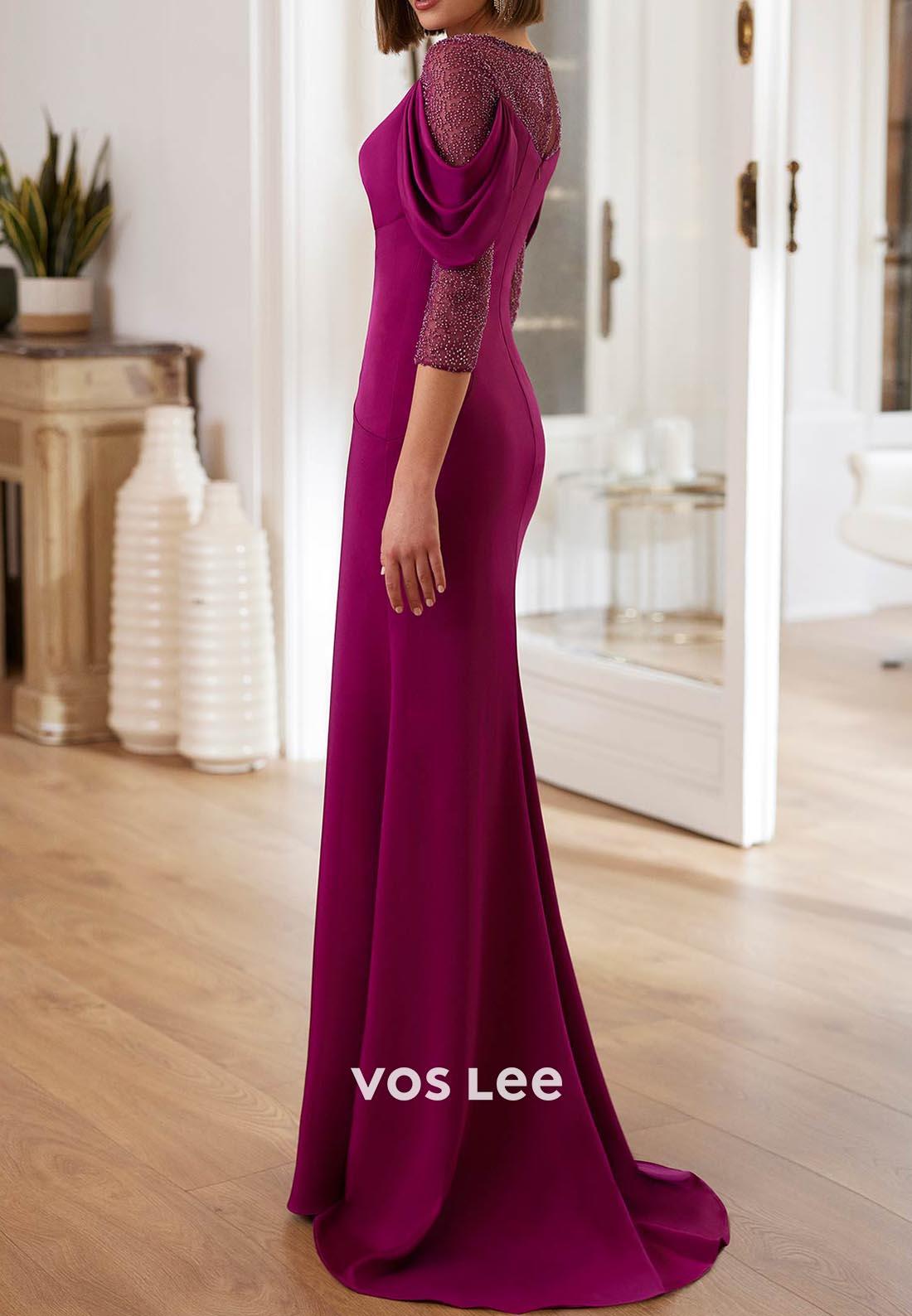 3/4 Sleeve Scoop Pleated Long Mermaid Mother of Bride Dresses with Sweep Train