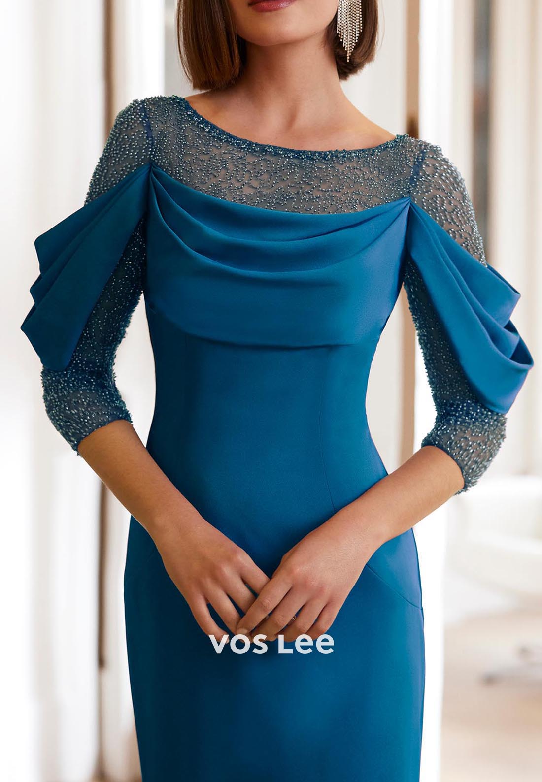 3/4 Sleeve Scoop Pleated Long Mermaid Mother of Bride Dresses with Sweep Train